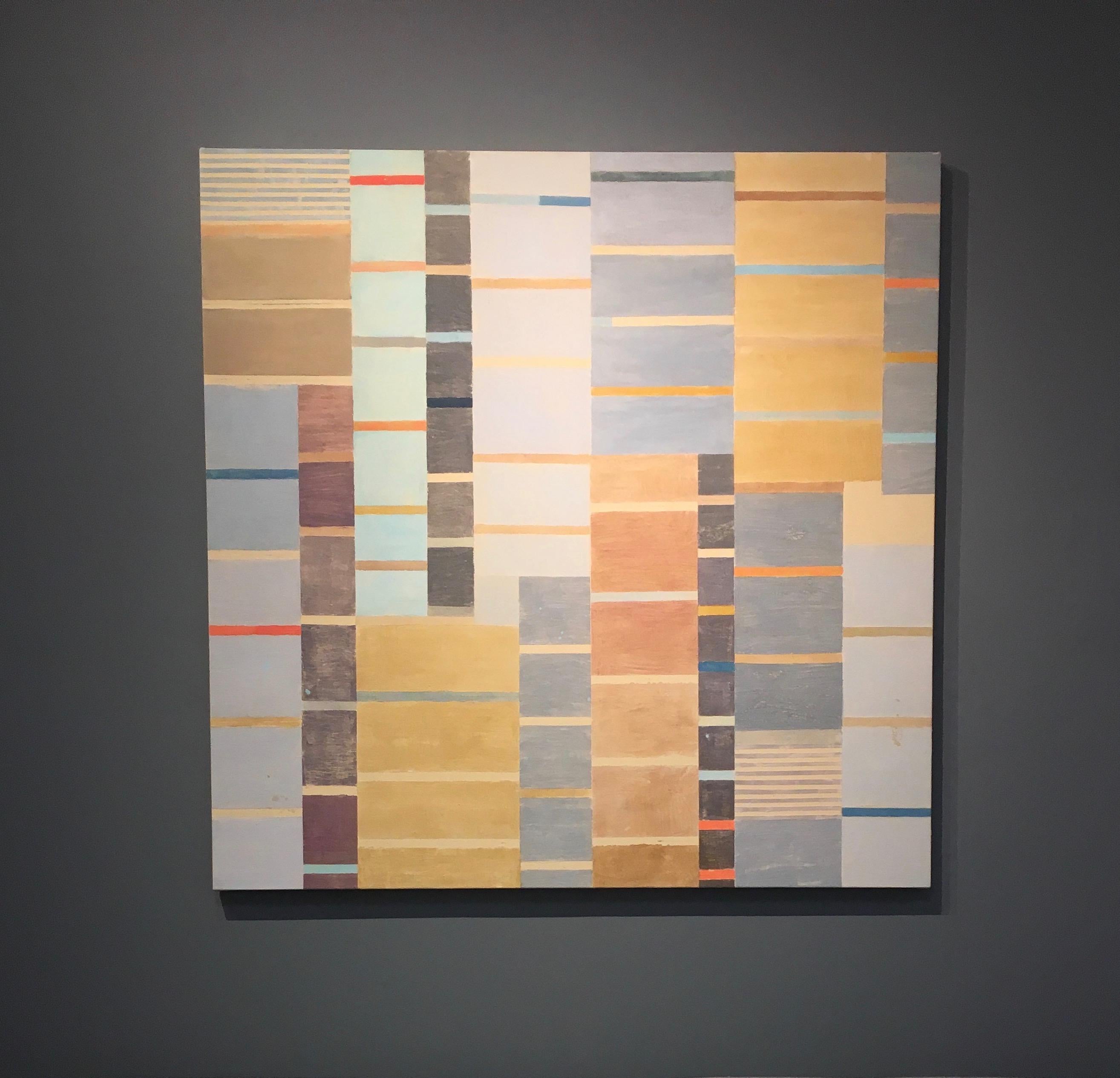 Clean and precise, carefully ordered stripes and blocks of color in pale mint green, light blue, brown, beige and burnt orange complement the soft gray and beige background. Signed, dated and titled on verso.

Elizabeth Gourlay’s work is a