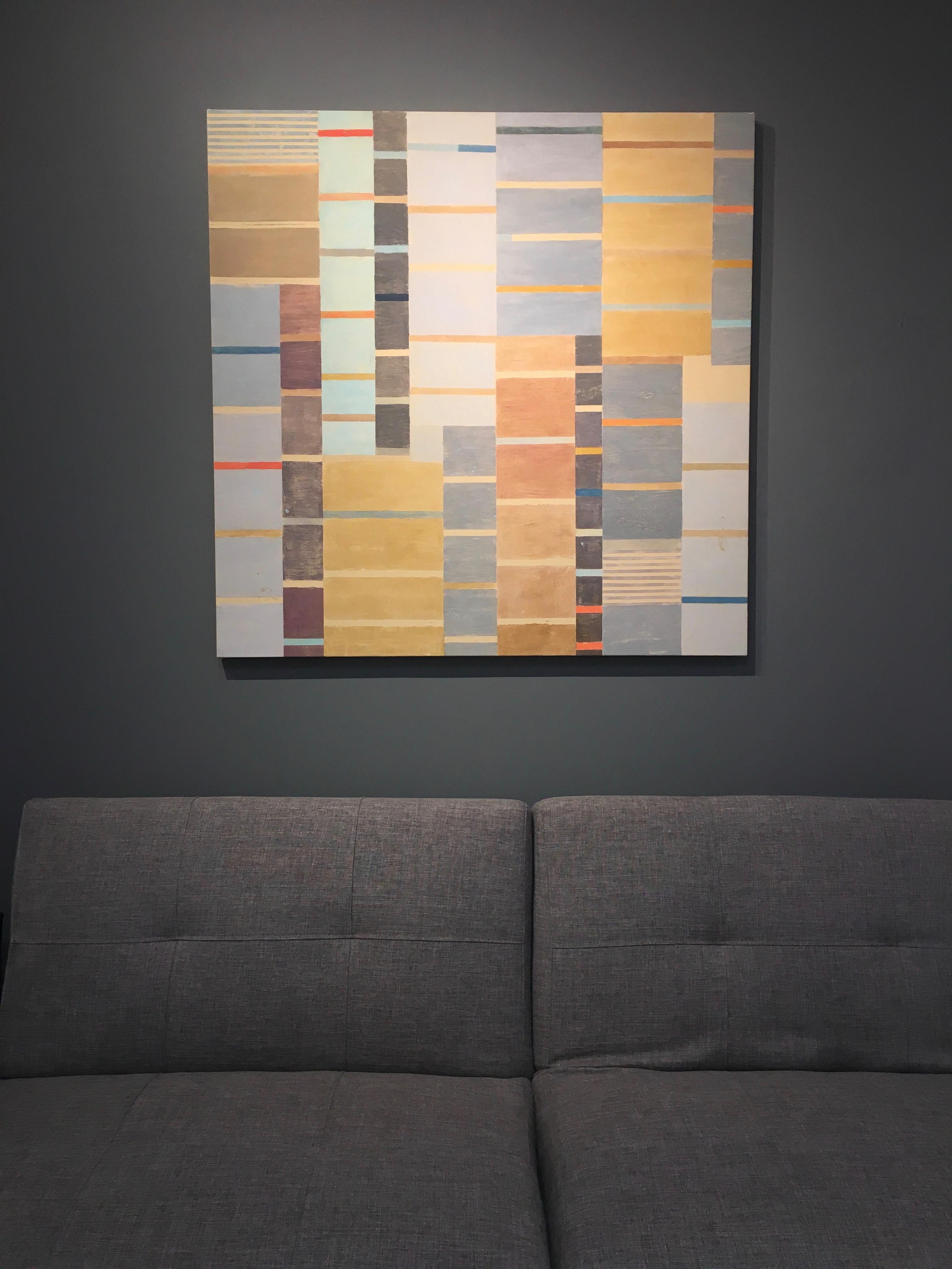 Peinture géométrique abstraite carrée en châtaignier, vert menthe, brun, orange et beige - Contemporain Painting par Elizabeth Gourlay