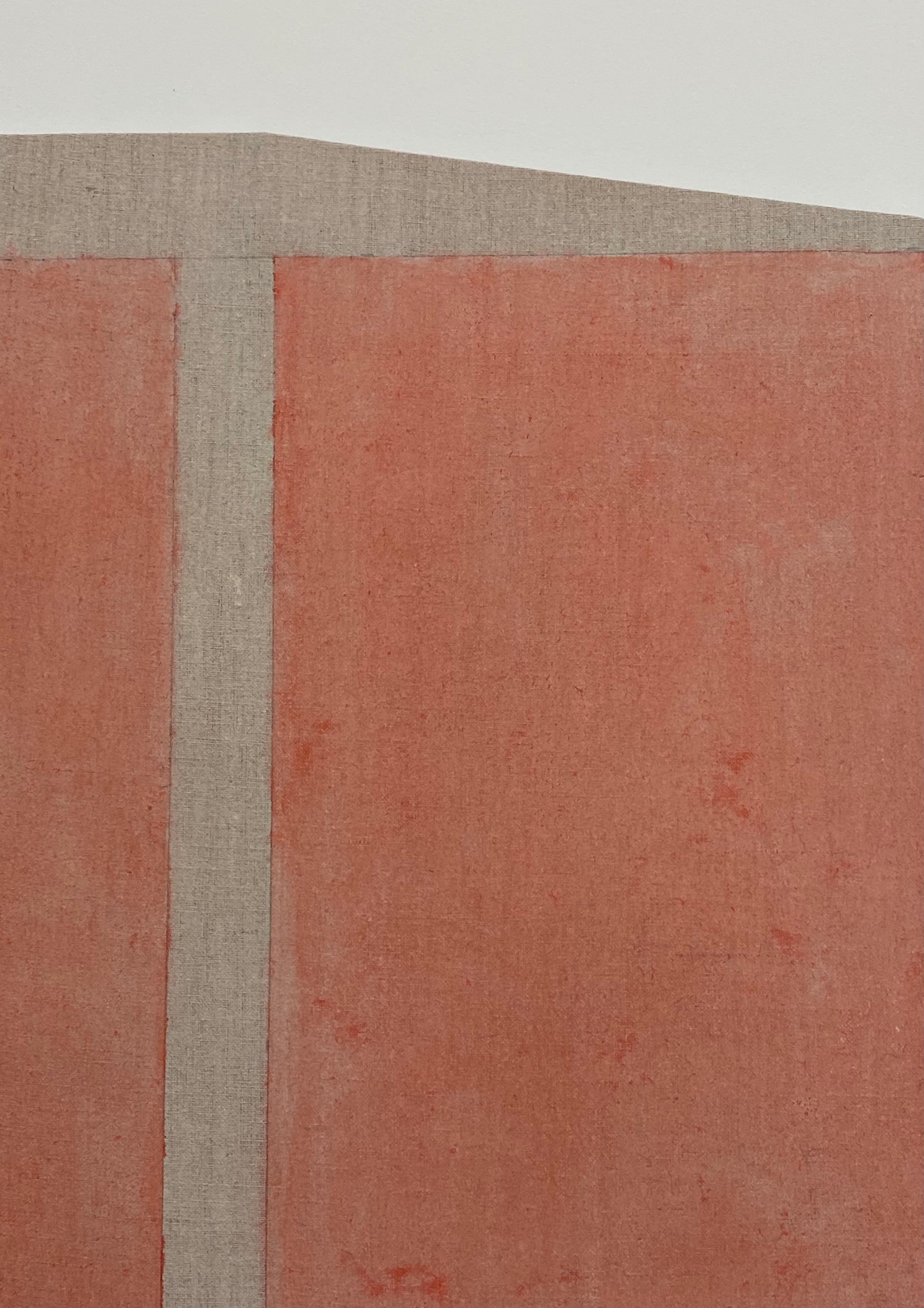 In this painting in graphite and acrylic on linen mounted on a shaped panel by Elizabeth Gourlay, carefully ordered blocks of color in a warm, coral shade of orange are vibrant against the neutral, earthy beige linen surface. Signed, dated and
