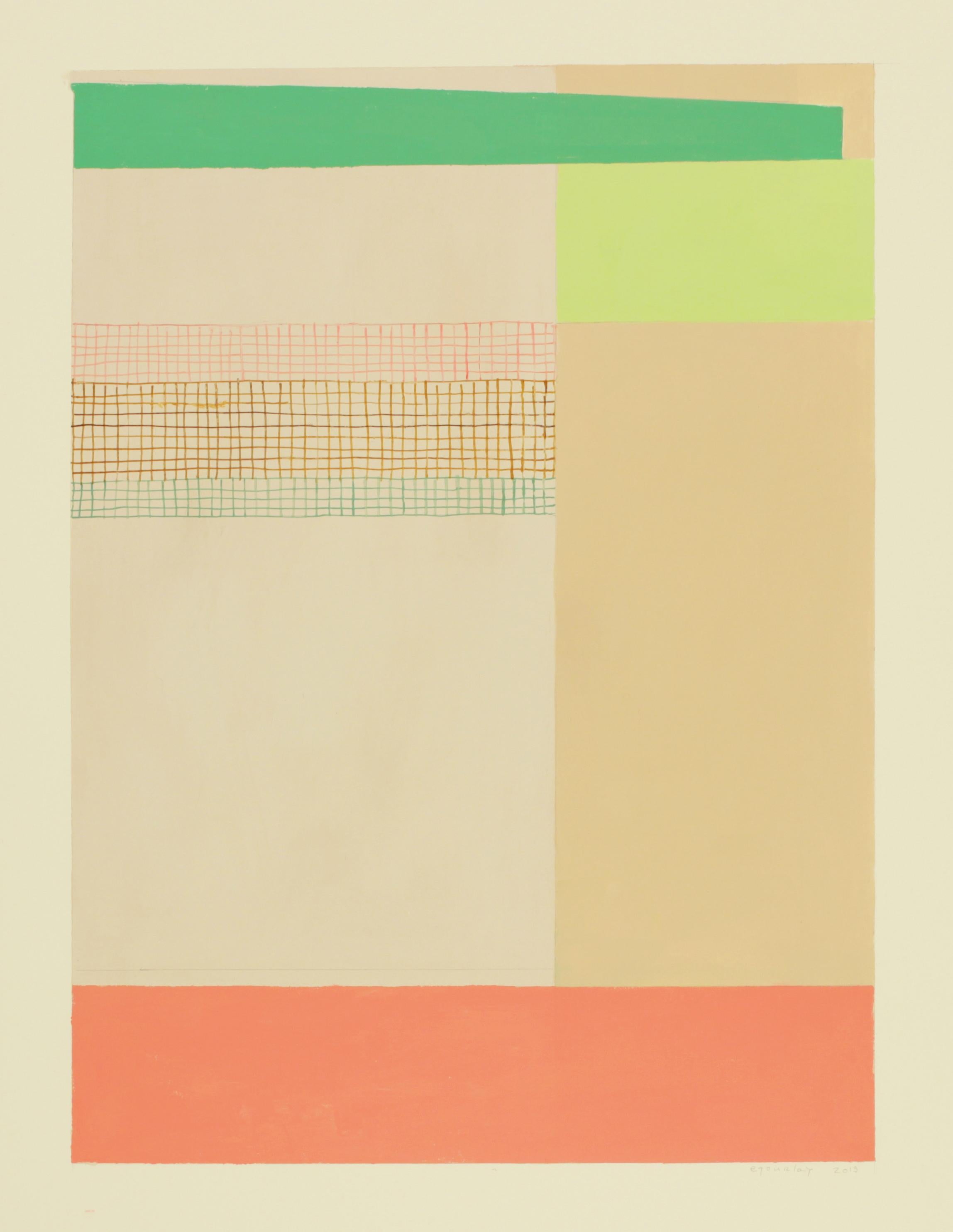 In this abstract painting in gouache and ink on paper by Elizabeth Gourlay, clean and precise, carefully ordered blocks of color in shades of green and a coral shade of orange are bright against the earthy beige background. A section of very thin