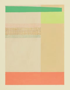 Citrine, Vertical Abstract Painting on Paper in Tan, Peach Orange and Green 