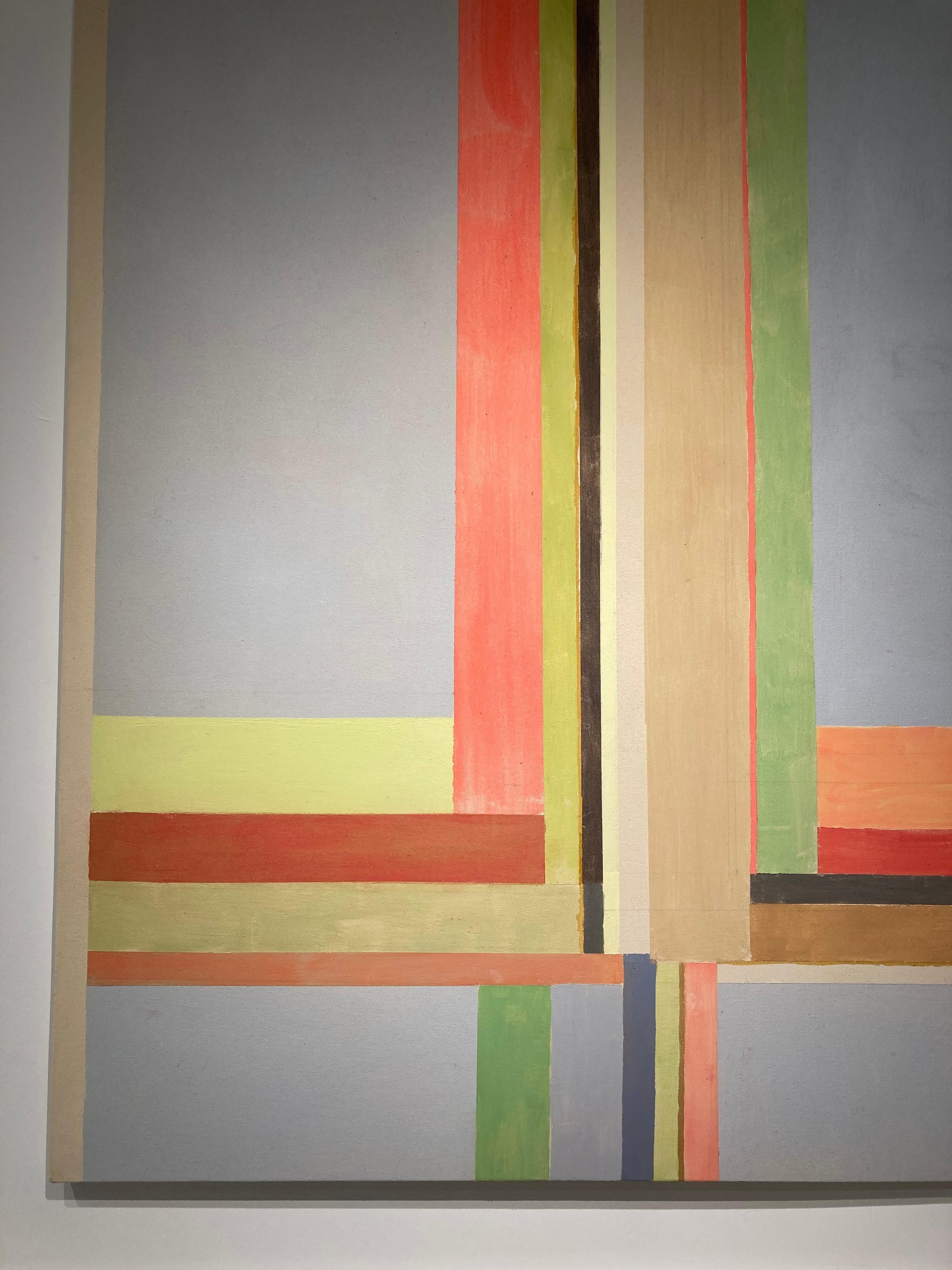 In this painting by Elizabeth Gourlay, clean and precise, carefully ordered stripes and blocks of color in orange, green, yellow, red and brown are warm and vibrant against the soft gray and beige background. Signed, dated and titled on