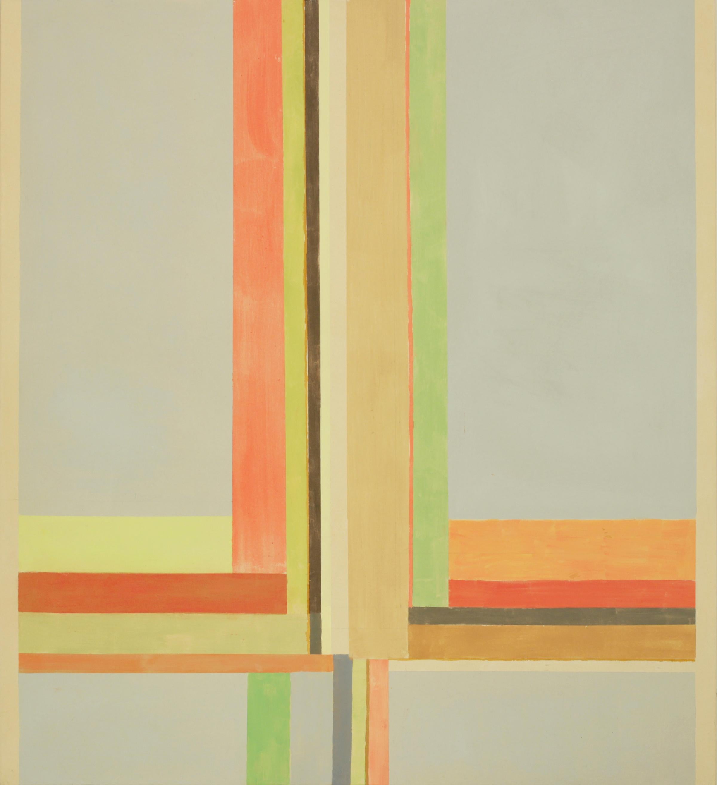 Elizabeth Gourlay Abstract Painting - Duende Three, Stripes Beige, Orange, Yellow, Red, Green, Gray
