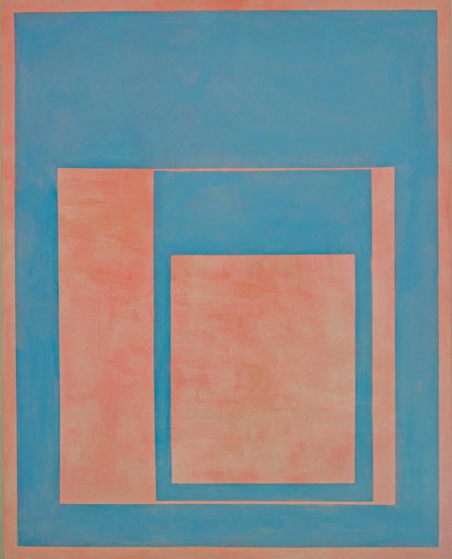 Gourlay’s large paintings employ spare palettes of two to three colors yet envelop the viewer in architectural space, archeological time, and a deep feeling of the now-ness of the moment. Deep recessed space, with contrasted color fields, produce an