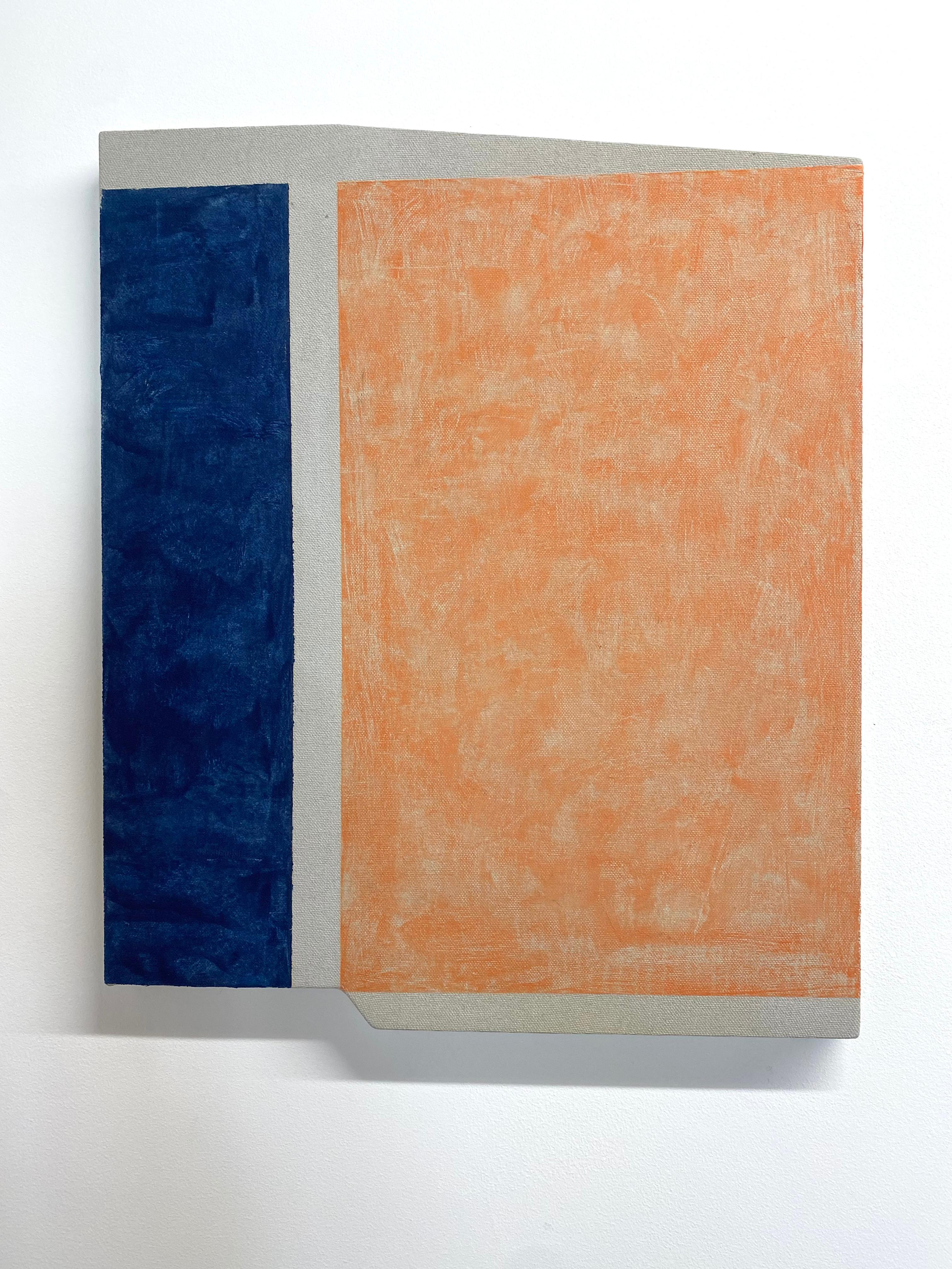 Two vertical blocks of color in dark lapis blue and soft, mottled orange are luminous against thinner neutral sections of exposed linen in this painting on a shaped panel. Signed, dated and titled on verso.

Elizabeth Gourlay’s work is a meditation