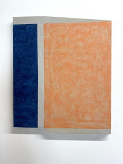F30 - Peinture géométrique abstraite orange abricot à rayures bleu marine, 2022