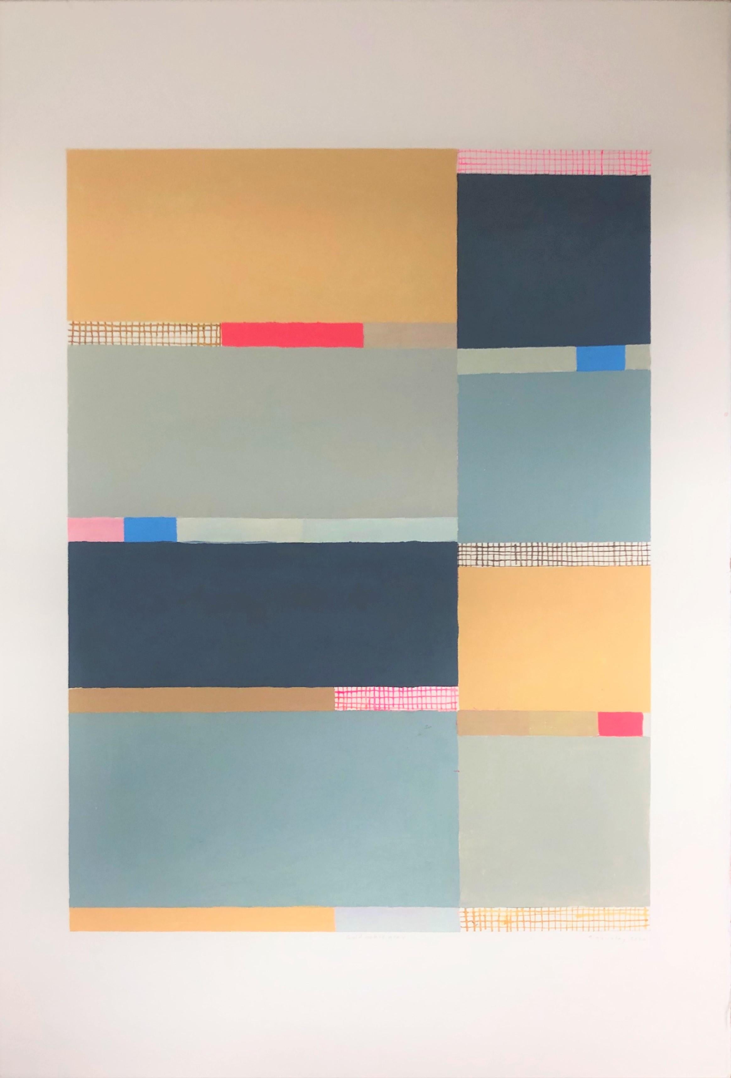 Abstraktes Gemälde auf Papier, Goldochregray Creme, Salbeigrün, Blau, Rot – Painting von Elizabeth Gourlay