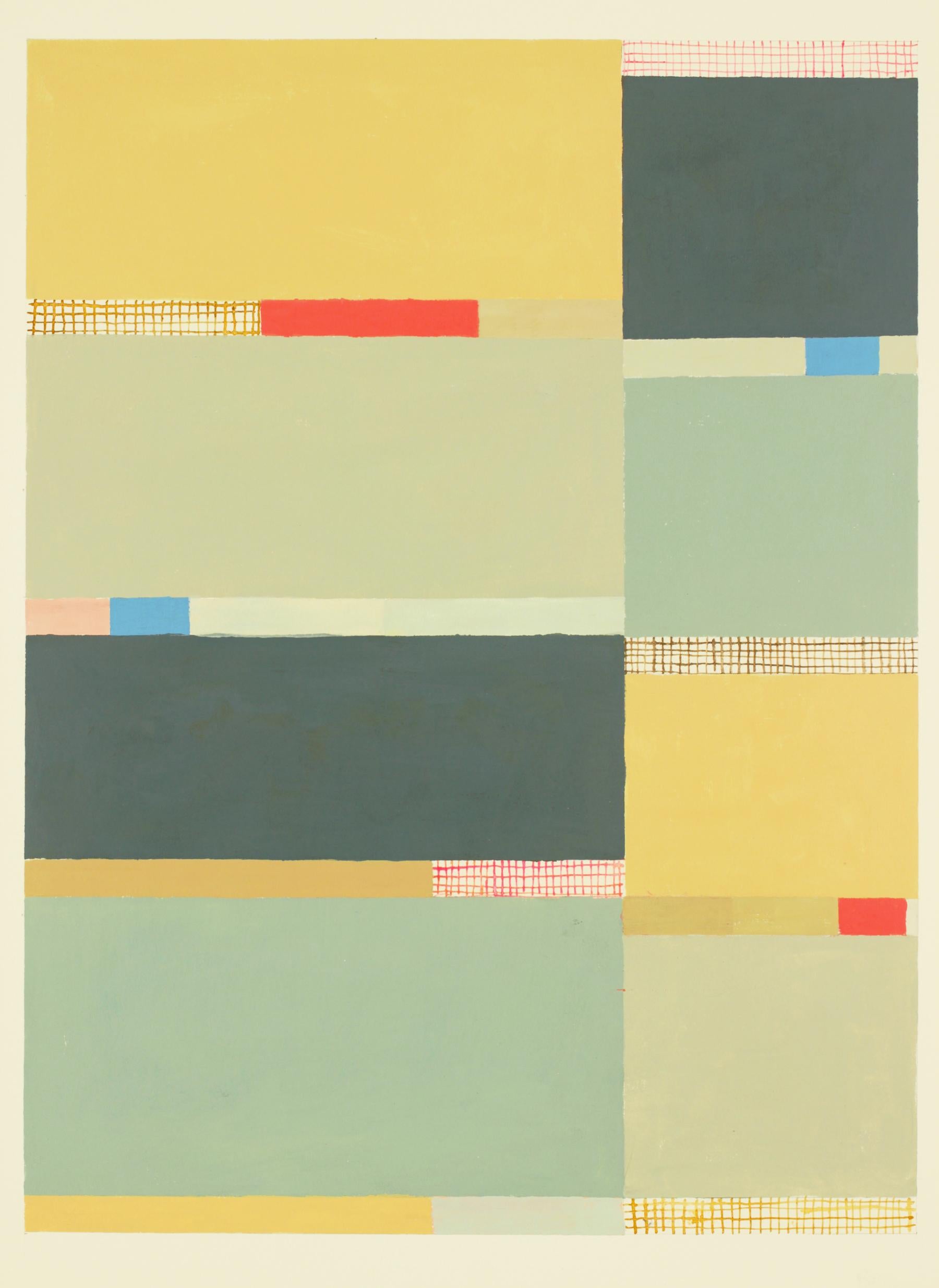 Elizabeth Gourlay Abstract Painting – Abstraktes Gemälde auf Papier, Goldochregray Creme, Salbeigrün, Blau, Rot