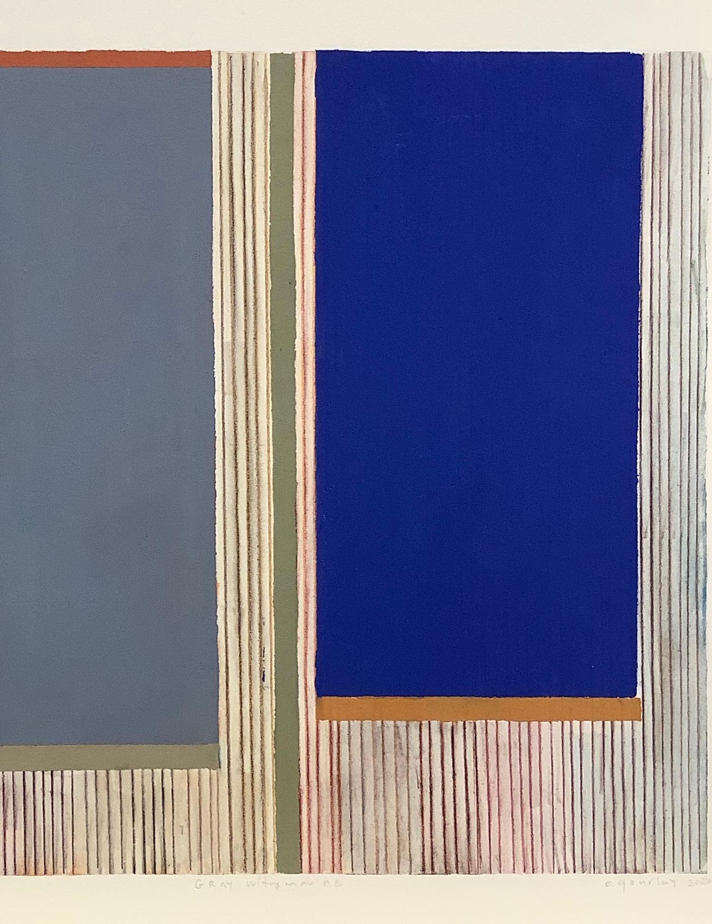 Clean and precise, carefully ordered blocks of color in shades of cobalt blue, light sage green, and dark orange are rich against the neutral beige color of the paper. Vertical blocks of bright cobalt blue and gray are framed by horizontal, thin