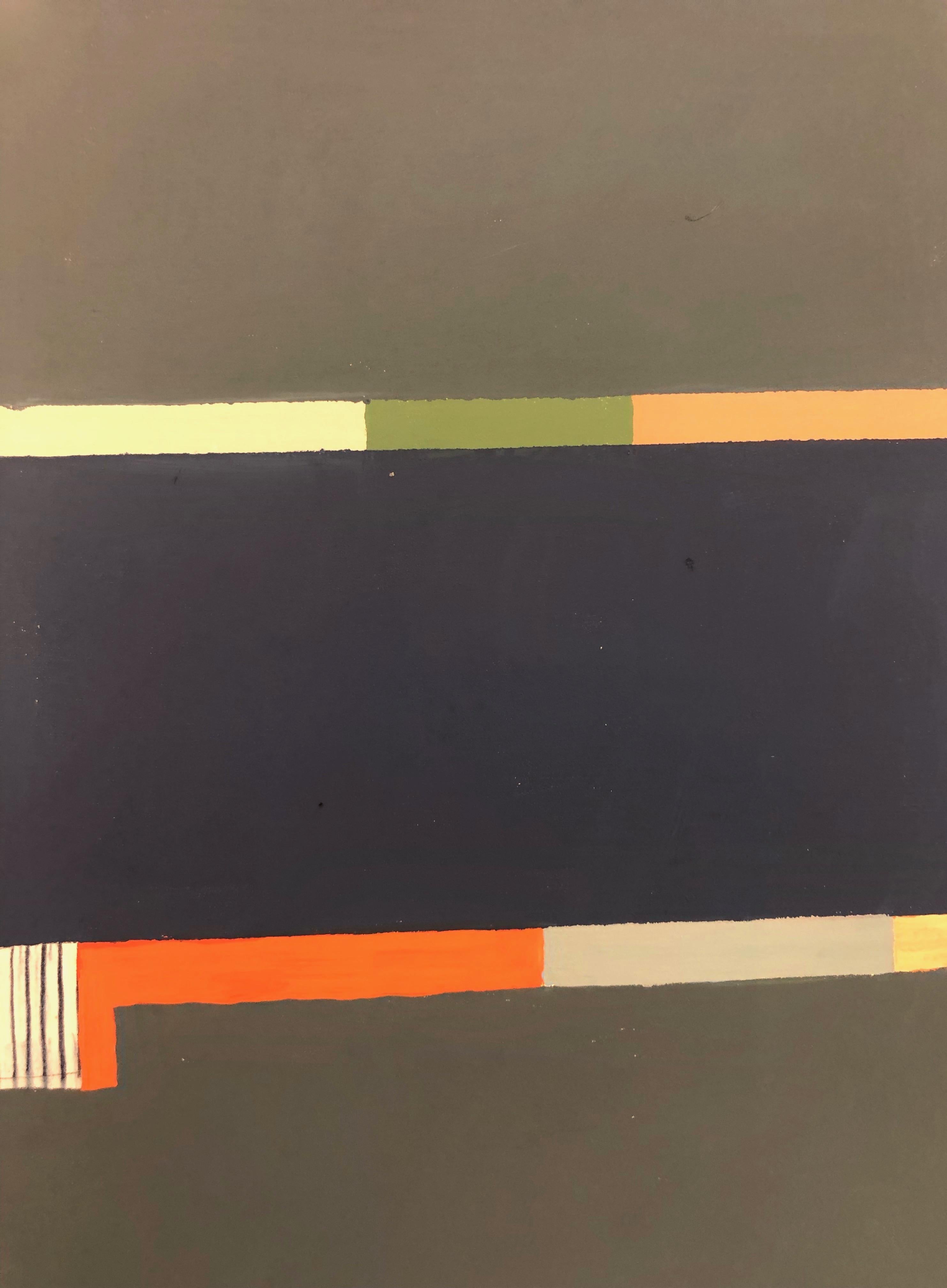 In this abstract painting in gouache and ink on paper by Elizabeth Gourlay, clean and precise, carefully ordered stripes and blocks of color in deep indigo, blue, soft green, and rich yellow and orange are lively and vibrant against the soft beige