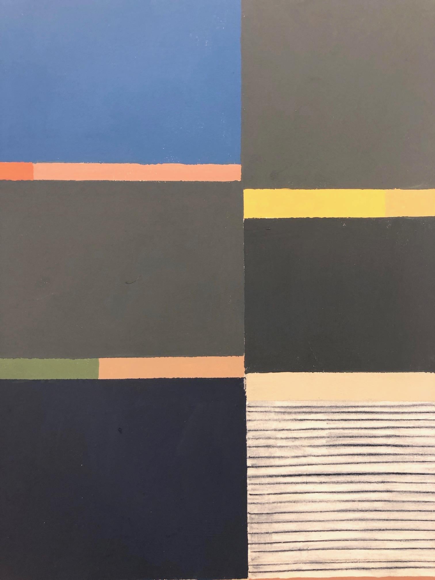 Abstraktes Gemälde in Grauindigo auf Papier in Indigo, Blau, Grün, Orange, Gelb (Zeitgenössisch), Painting, von Elizabeth Gourlay
