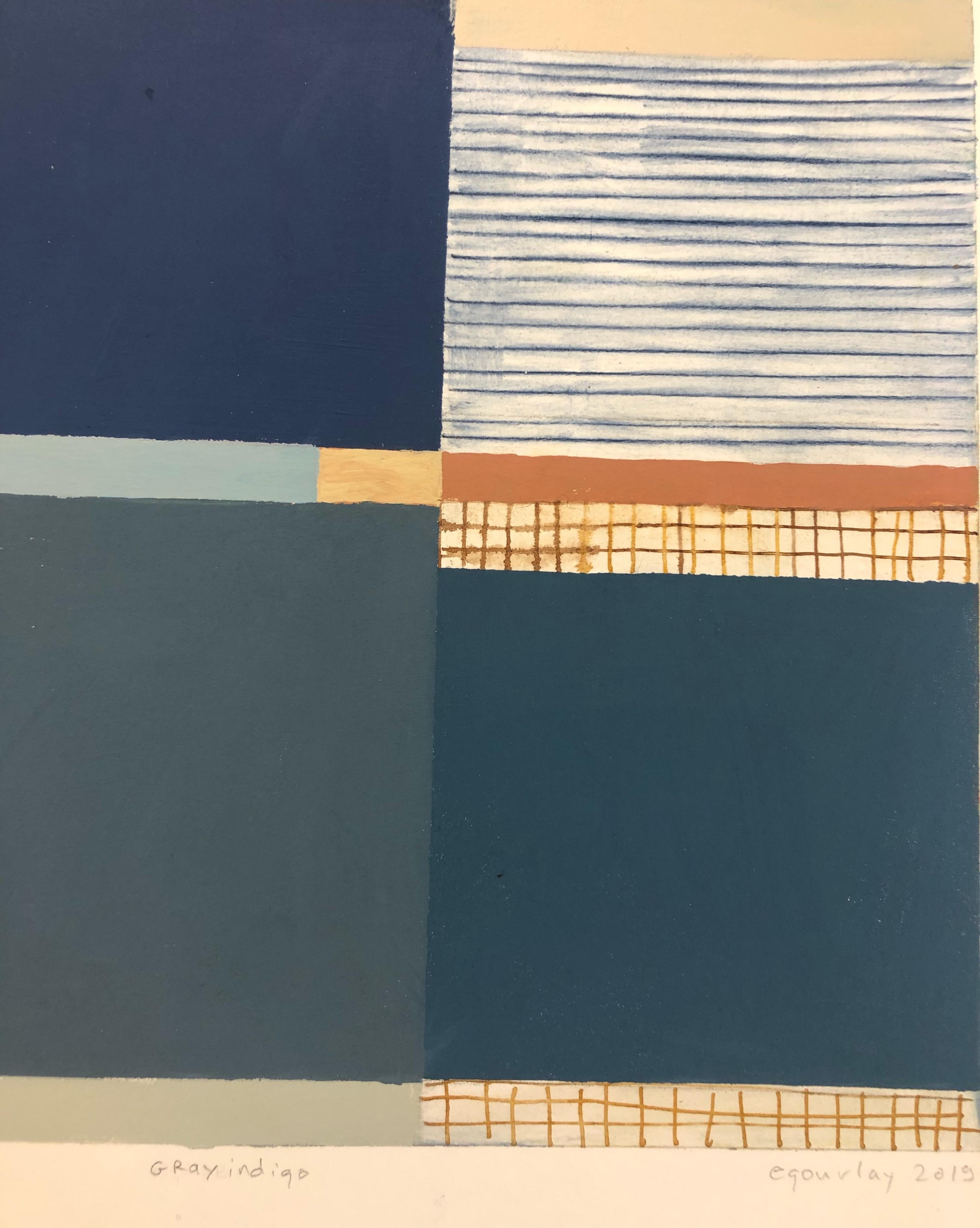 In diesem abstrakten Gemälde von Elizabeth Gourlay in Gouache und Tusche auf Papier heben sich saubere und präzise, sorgfältig angeordnete Streifen und Farbblöcke in tiefem Indigo, Blau, sanftem Grün und sattem Gelb und Orange lebendig und dynamisch