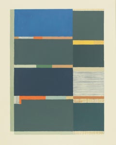Abstraktes Gemälde in Grauindigo auf Papier in Indigo, Blau, Grün, Orange, Gelb