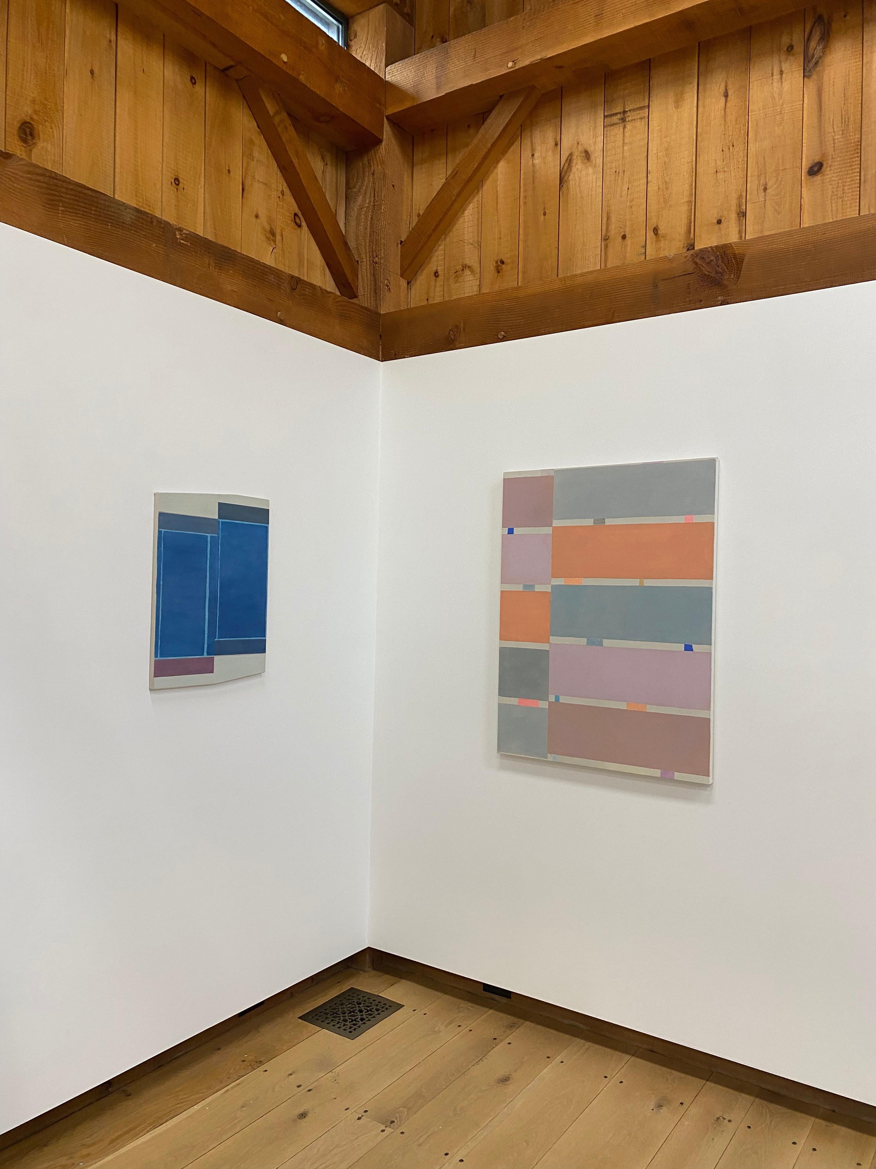 In this painting by Elizabeth Gourlay, carefully ordered horizontal blocks of color in salmon, peachy orange, lilac, mauve, gray and light purple are vibrant against thinner stripes in light gray punctuated by colorful sections in bright cobalt