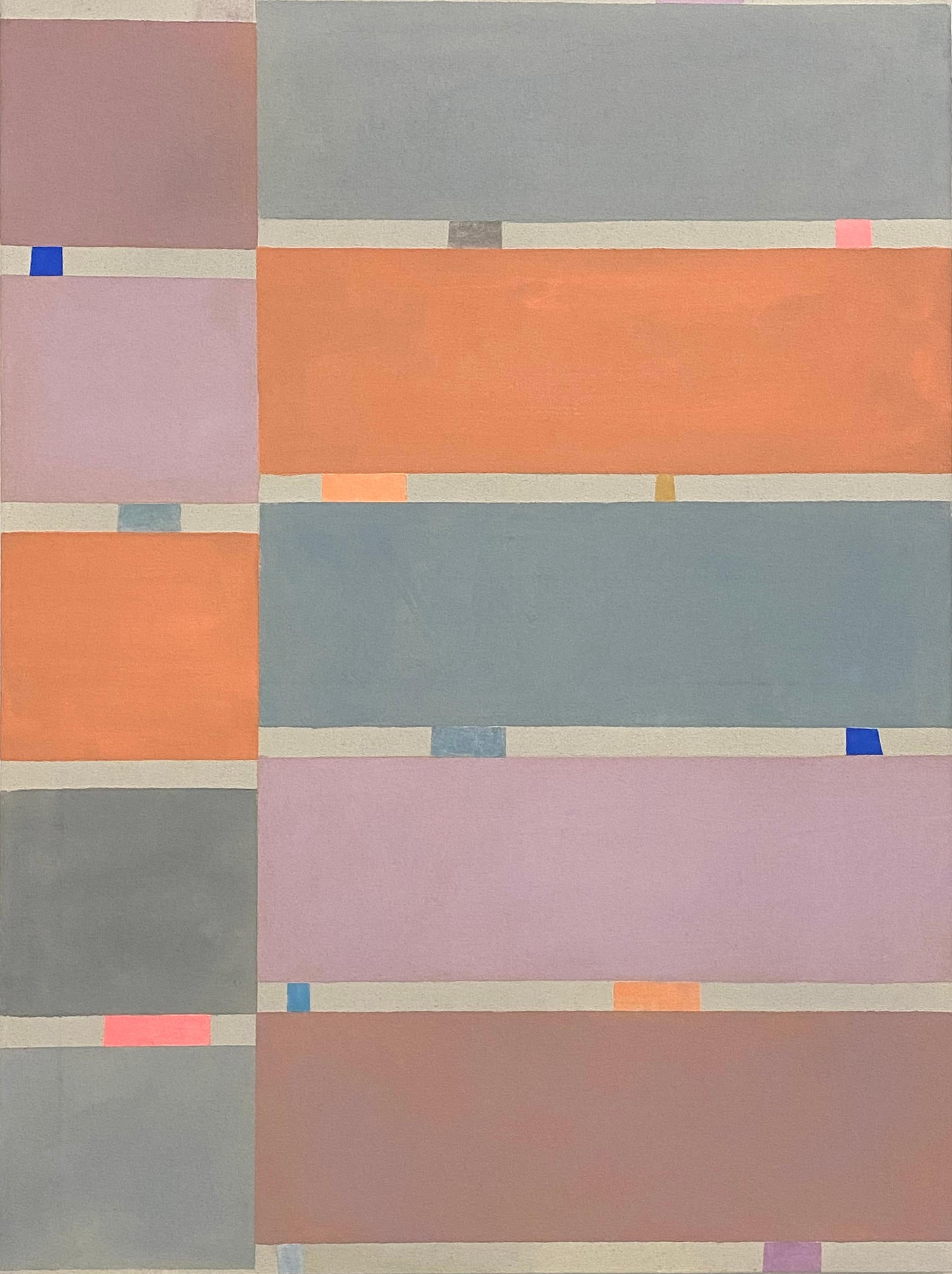 Elizabeth Gourlay Abstract Painting - Grayviolet, Geometric Abstract, Orange Peach, Gray, Violet, Lilac Purple Stripes