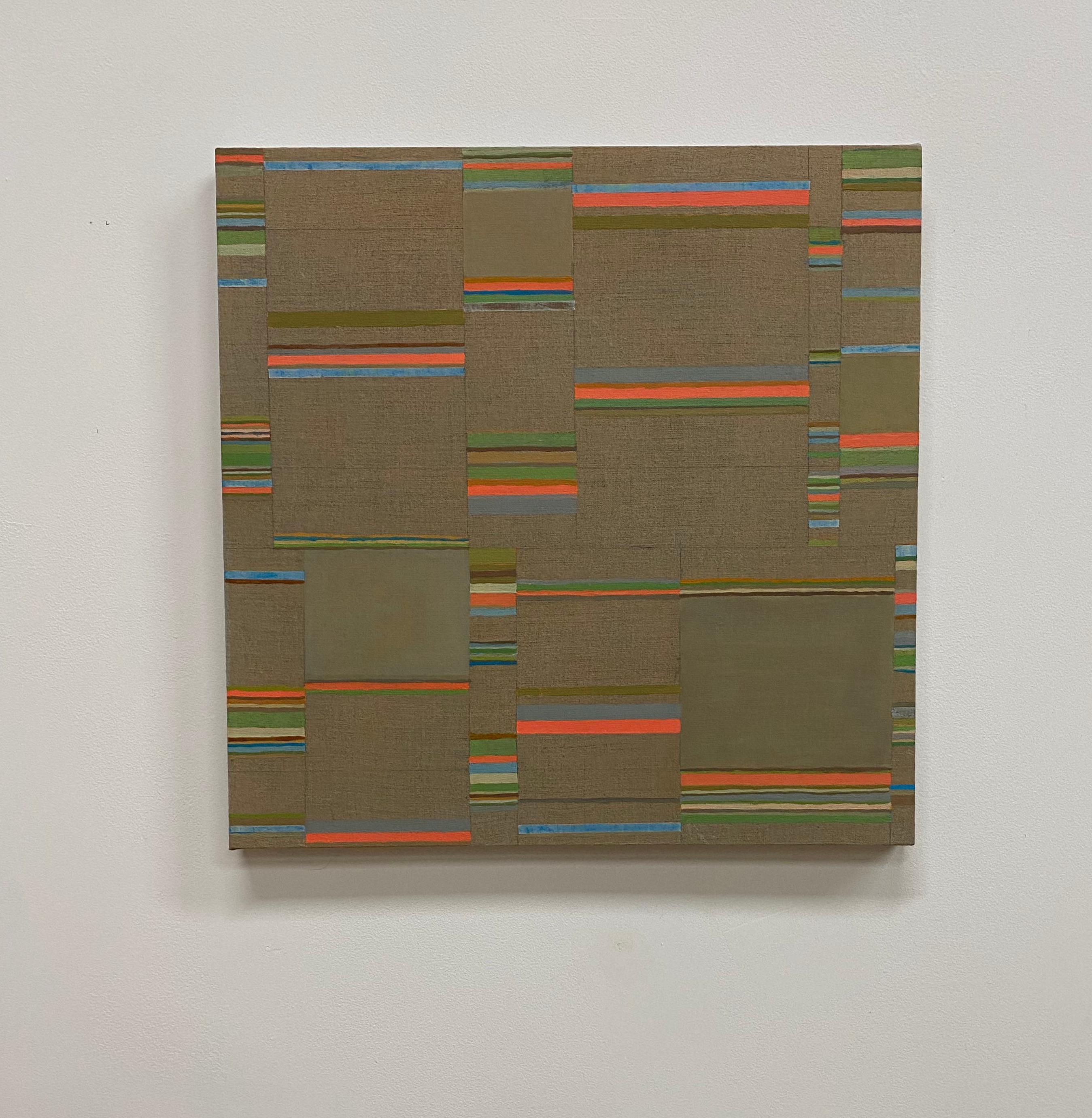 Green Umber Pink, Coral, Green, Brown, Olive, Teal Blue, Stripes - Painting by Elizabeth Gourlay