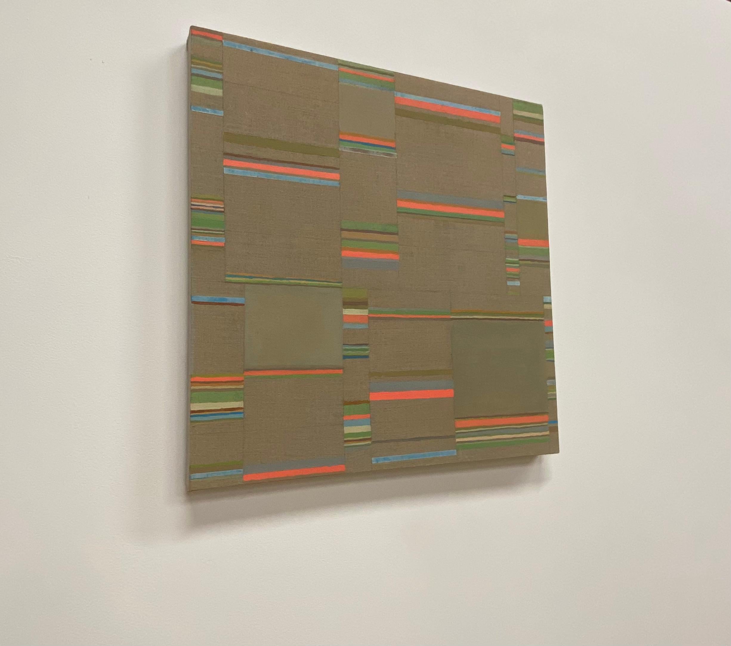 Green Umber Pink, Coral, Green, Brown, Olive, Teal Blue, Stripes - Contemporary Painting by Elizabeth Gourlay