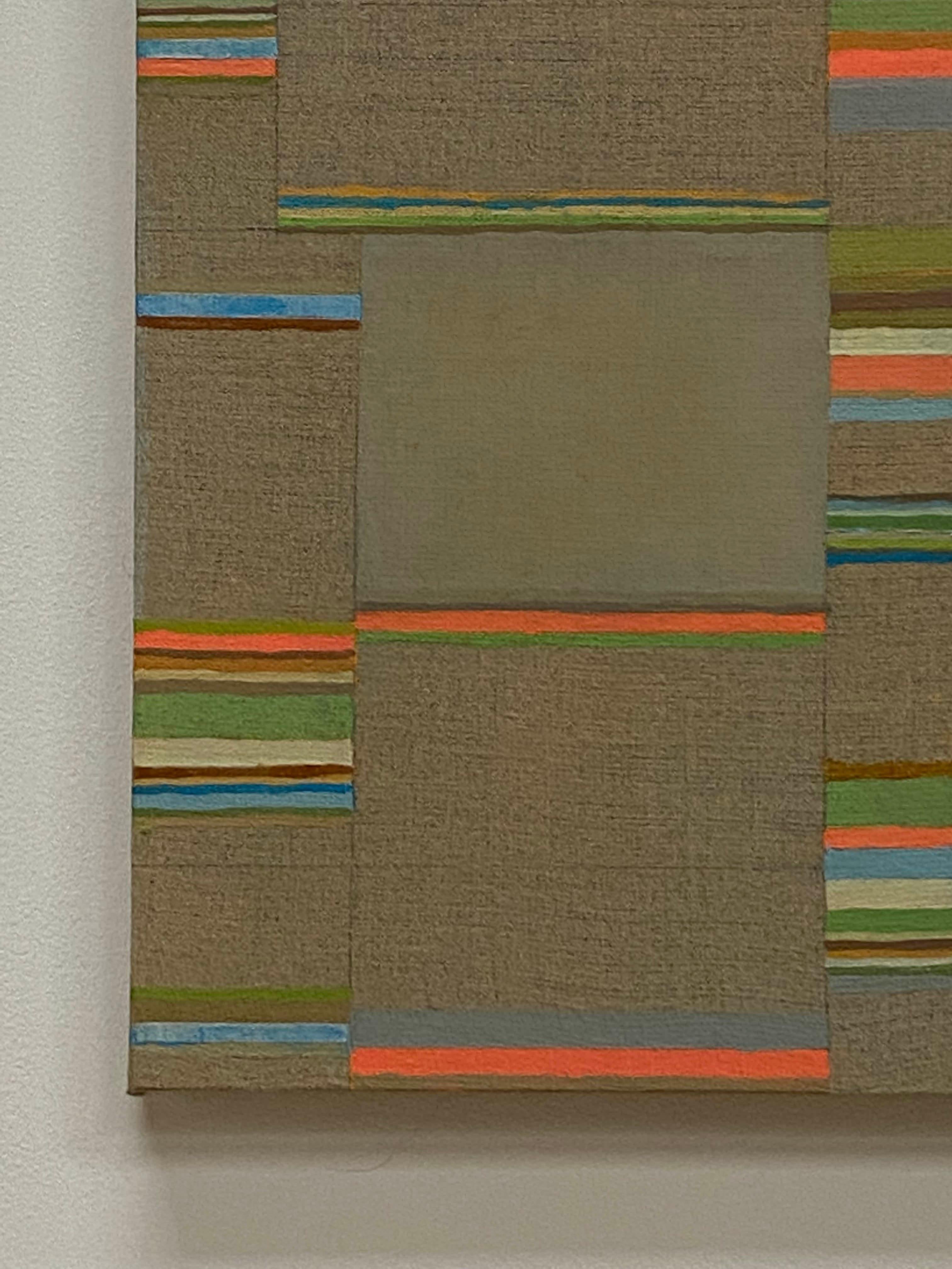 In this abstract painting in flashe on linen mounted on panel by Elizabeth Gourlay, carefully ordered stripes in shades of peach, light blue, olive, gray, green, and brown are vibrant against the warm, earthy brown linen surface. Signed, dated and