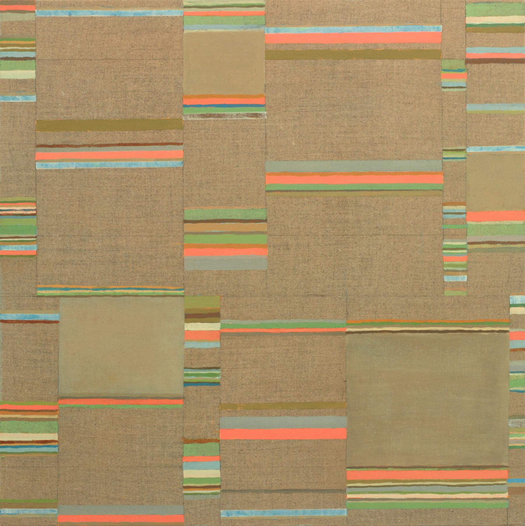 Elizabeth Gourlay Abstract Painting - Green Umber Pink, Coral, Green, Brown, Olive, Teal Blue, Stripes