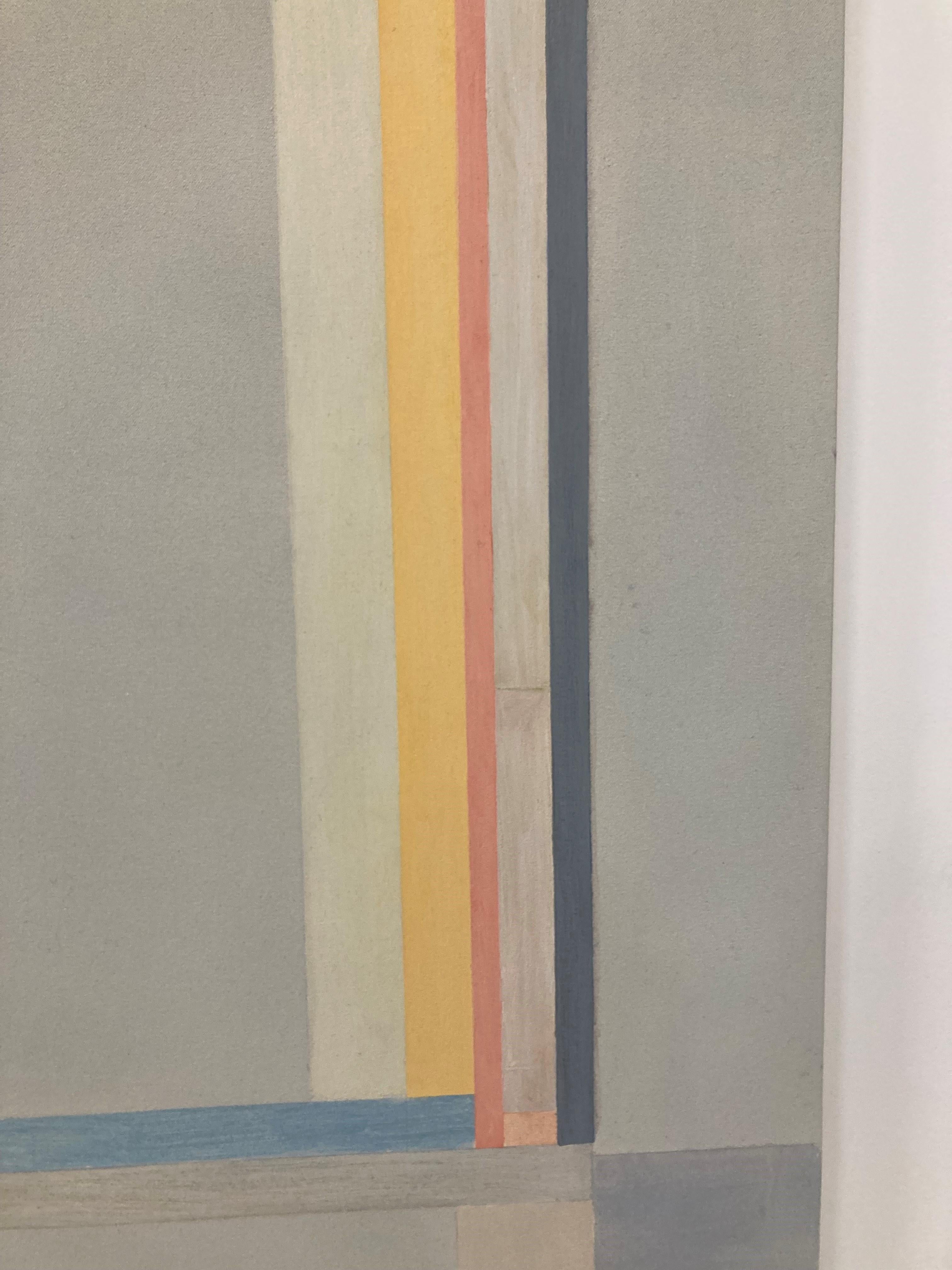 Le strisce e i blocchi di colore puliti e precisi dipinti a mano in giallo, arancione, azzurro e grigio scuro sono caldi e vibranti sullo sfondo beige morbido. Firmato, datato e titolato sul retro.

Il lavoro di Elizabeth Gourlay è una meditazione