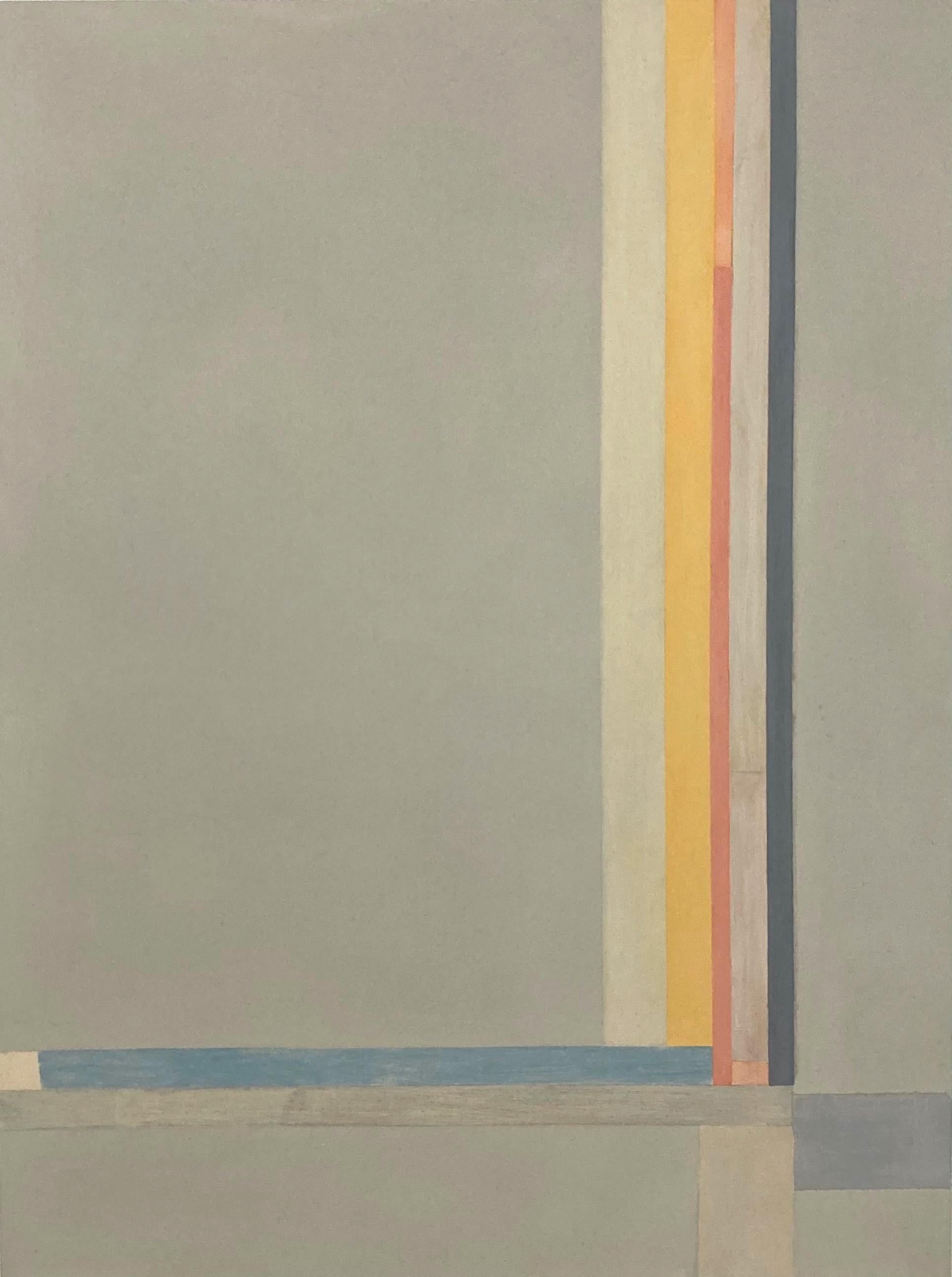 Abstract Painting di Elizabeth Gourlay - H Due, Beige, Arancione albicocca, Giallo, Azzurro, Grigio scuro Strisce astratte