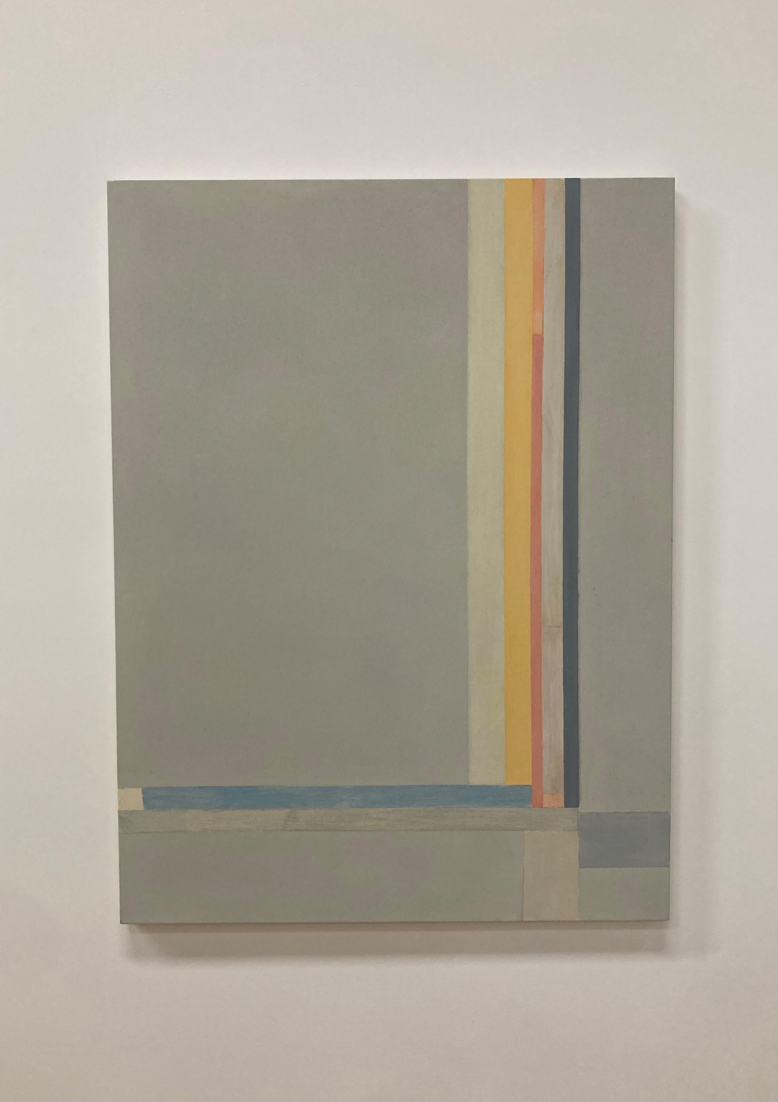 In this painting by Elizabeth Gourlay, clean, precise, hand-painted stripes and blocks of color in yellow, orange, light blue and dark gray are warm and vibrant against the soft beige background. Signed, dated and titled on verso.

Elizabeth