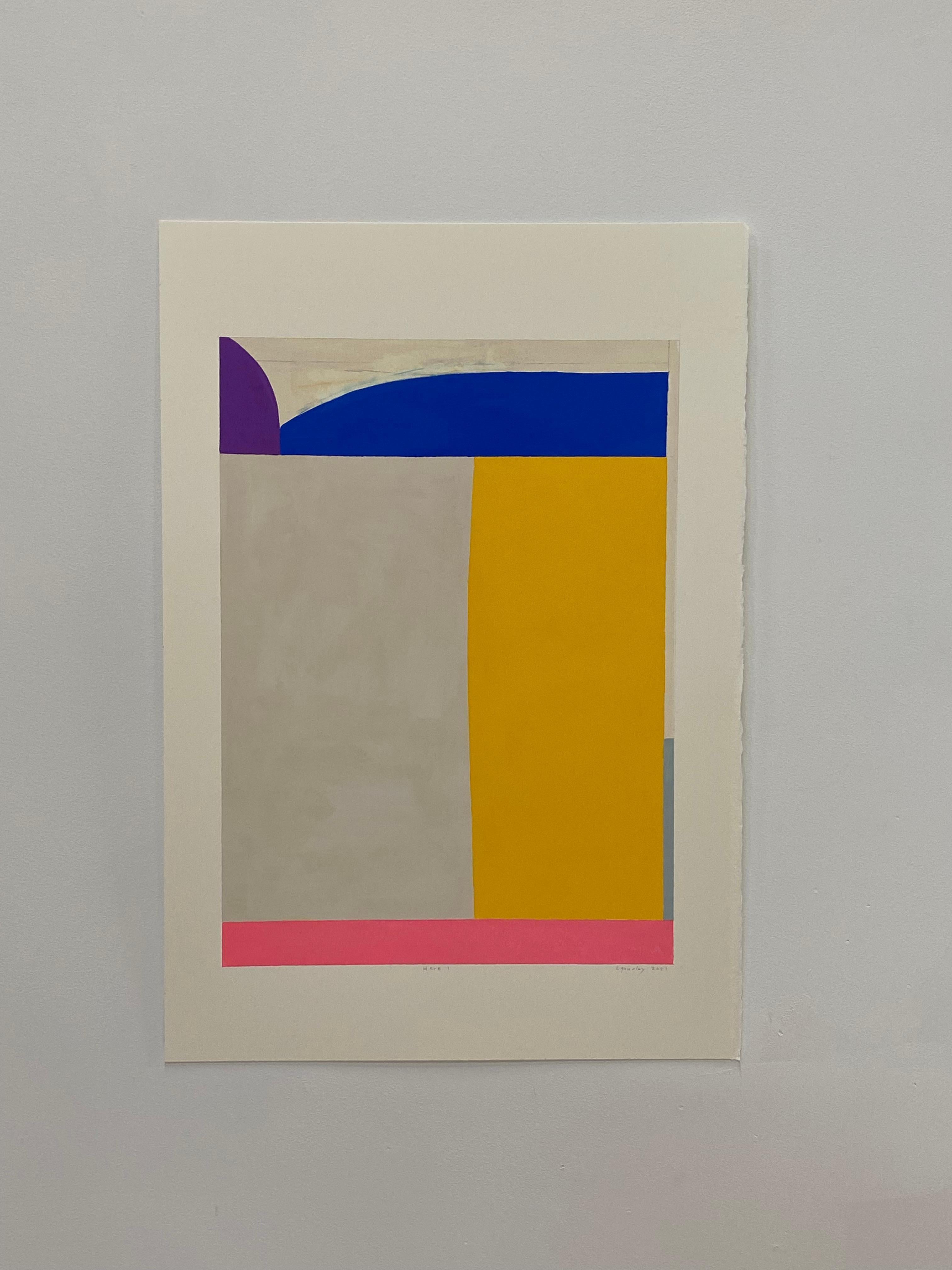 Hier One, Geometrisches abstraktes Gemälde, Lachsrosa, Marineblau, Lila, Gelb – Painting von Elizabeth Gourlay