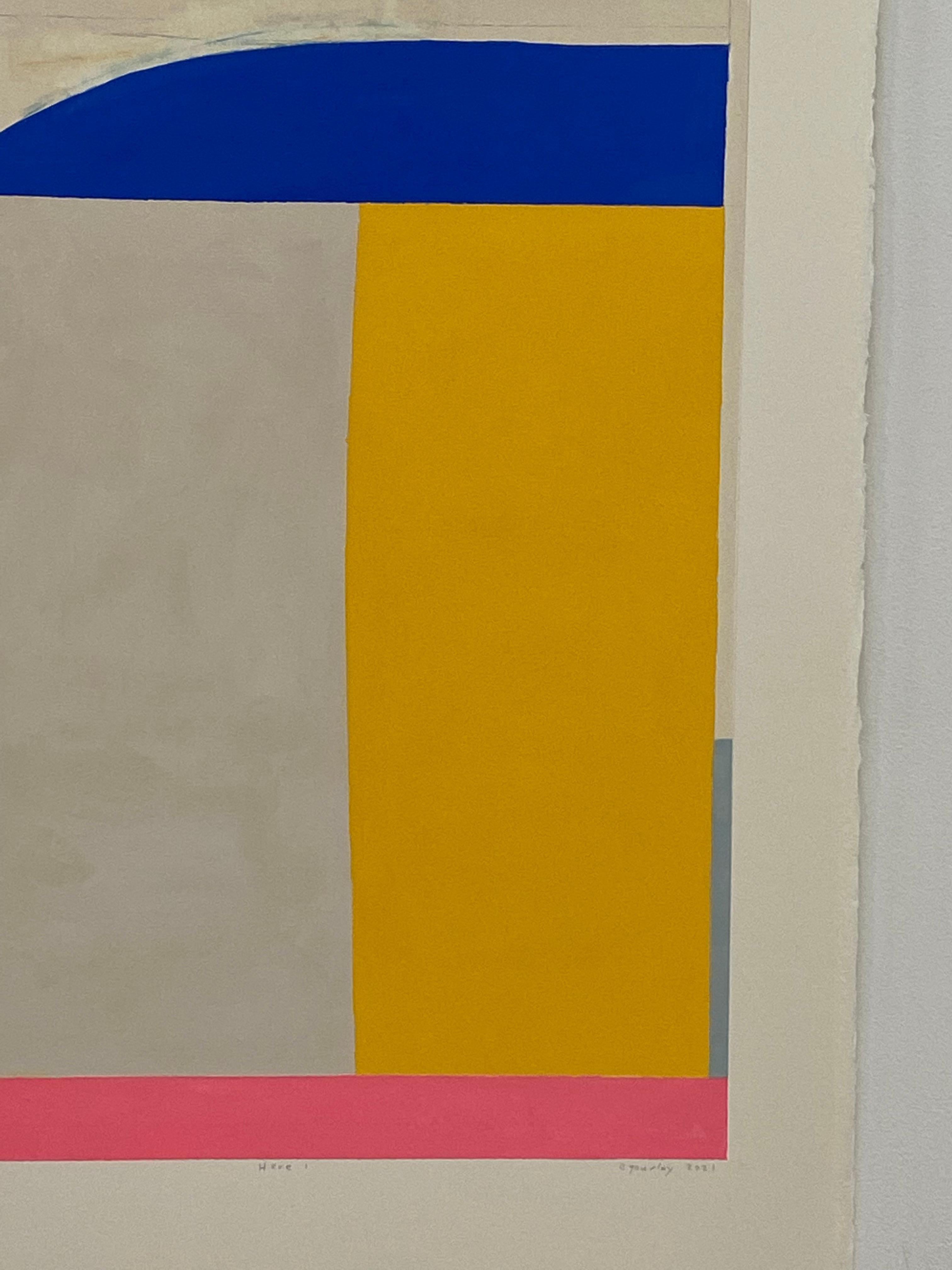 Hier One, Geometrisches abstraktes Gemälde, Lachsrosa, Marineblau, Lila, Gelb (Zeitgenössisch), Painting, von Elizabeth Gourlay