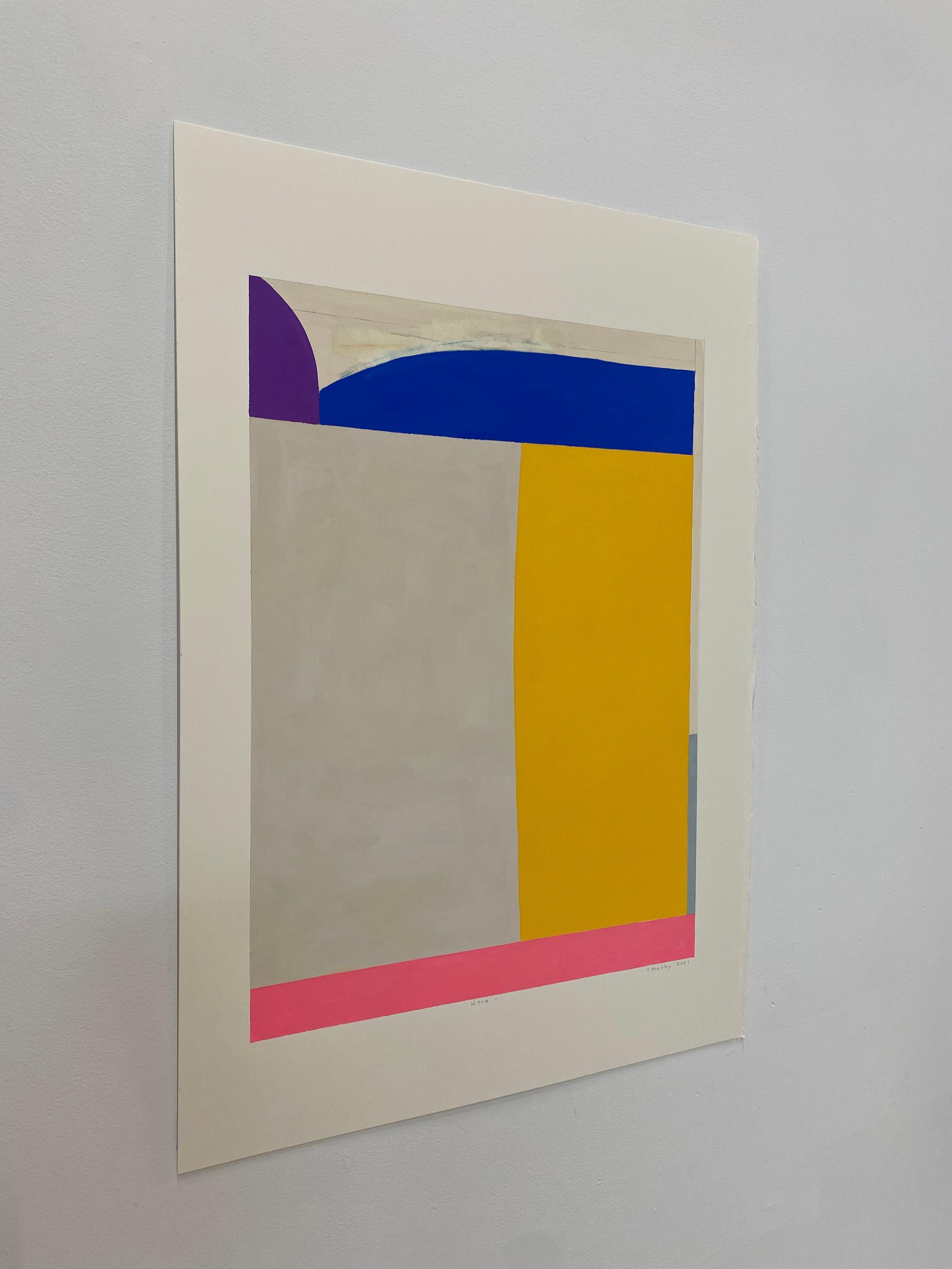 In this abstract painting in colored pencil and gouache on Fabriano paper by Elizabeth Gourlay, clean and precise, carefully ordered blocks of color in shades of light pink, navy blue, dark purple and golden yellow are bright and luminous against