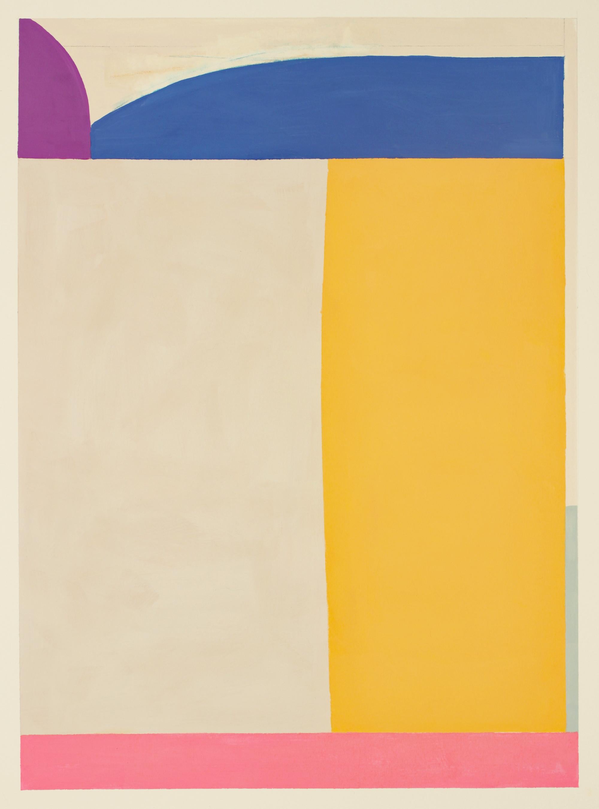Elizabeth Gourlay Abstract Painting – Hier One, Geometrisches abstraktes Gemälde, Lachsrosa, Marineblau, Lila, Gelb