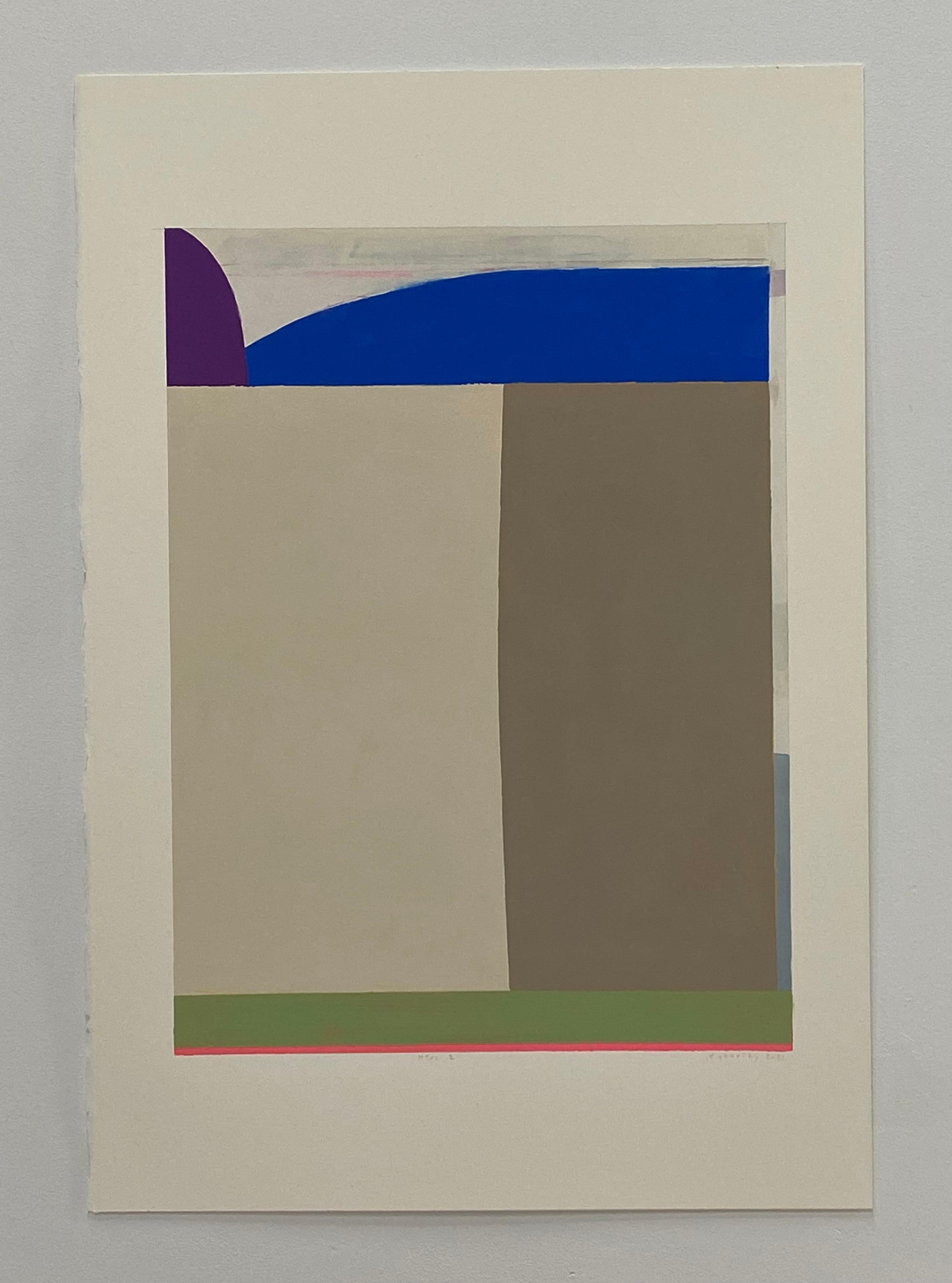 In this painting on paper by Elizabeth Gourlay, clean and precise, carefully ordered blocks of color in shades of navy blue, purple, light green, salmon and beige are bright and luminous against the neutral off-white color of the paper. Signed,