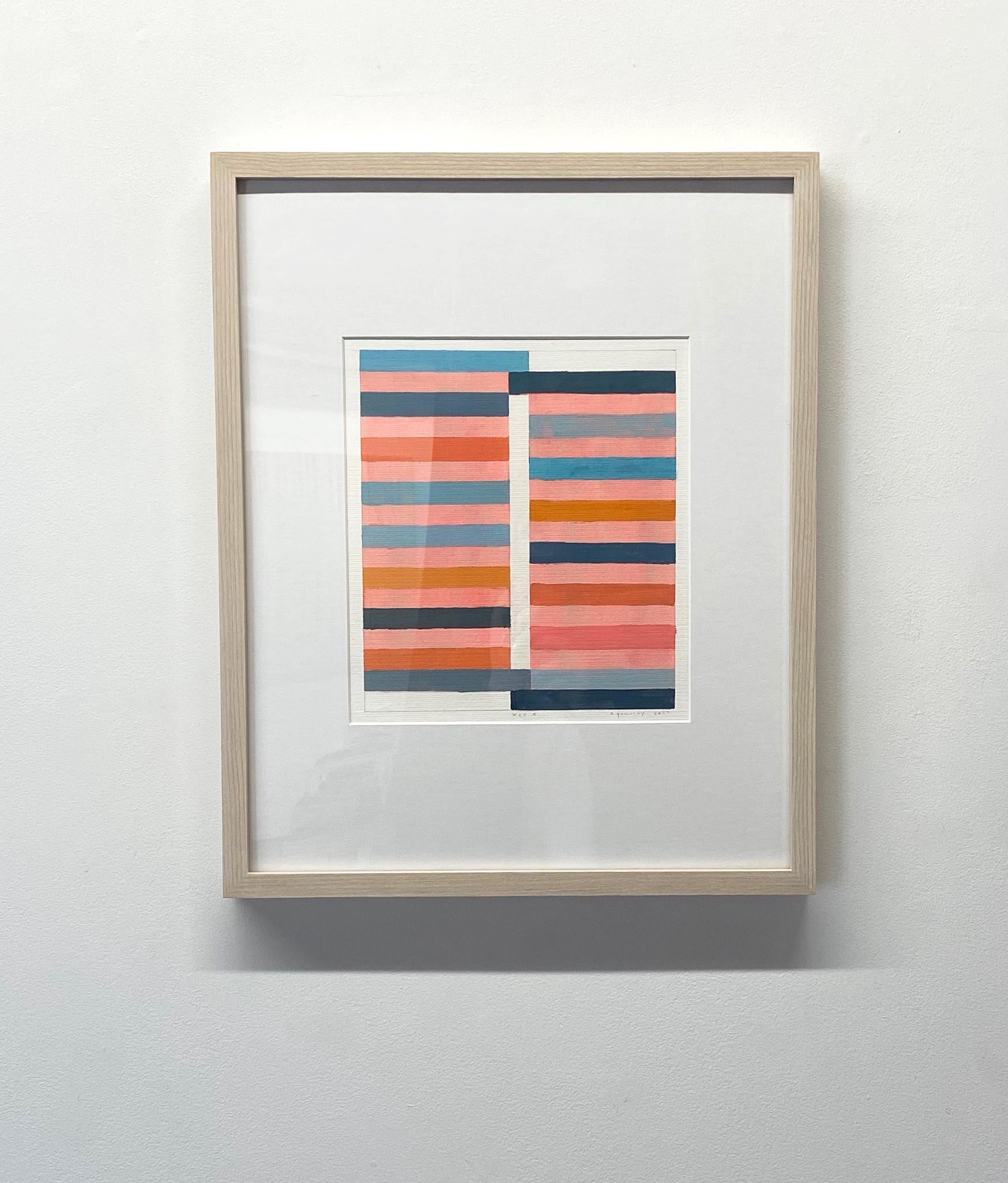 Clean and precise, carefully ordered thick horizontal stripes, blocks of color in shades of peach, light blue, dark navy, and a dark coral shade of orange are bright against the pale off-white color of the archival paper. 

Signed, dated and titled