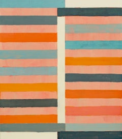 Schlüssel A, Modernes abstraktes Gemälde, Orange, Pfirsich, Blau, Marineblau, Beige