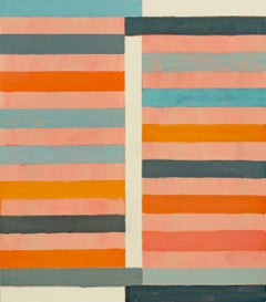 Clé A - Rayures abstraites contemporaines orange pêche bleu marine beige, 2022