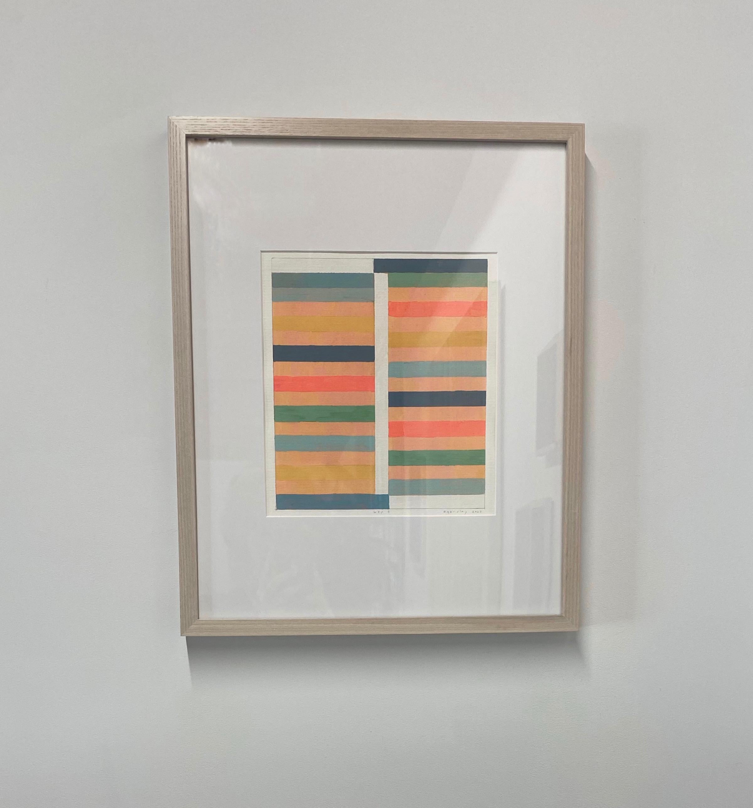 Clean and precise, carefully ordered horizontal stripes, thick blocks of color in shades of golden yellow ochre, gray sage green, teal blue and coral are bright against the pale beige color of the archival paper. Signed, dated and titled on recto. 9