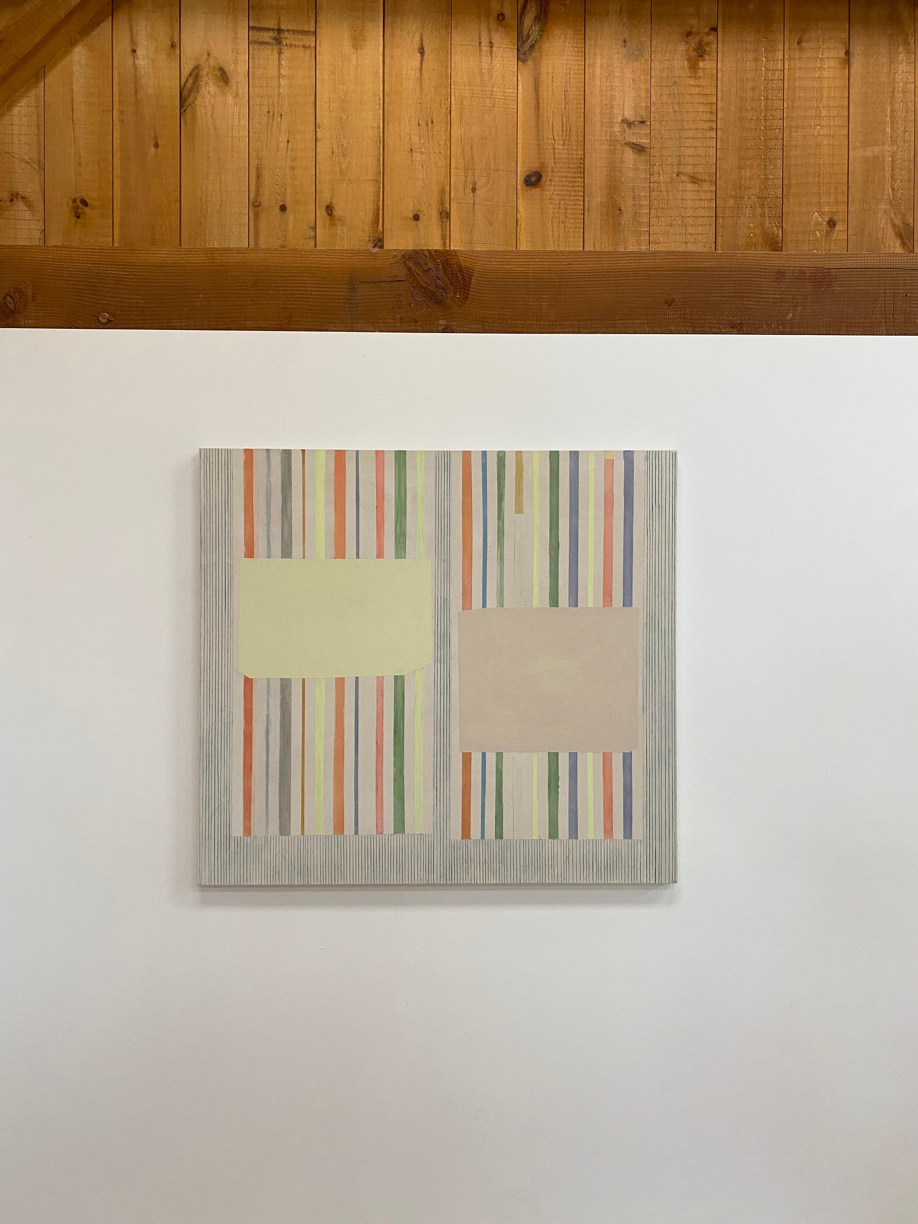 Limegreyrose, Beige, Orange, Green, Lemon Yellow, Gray Stripes, Geometric - Painting by Elizabeth Gourlay
