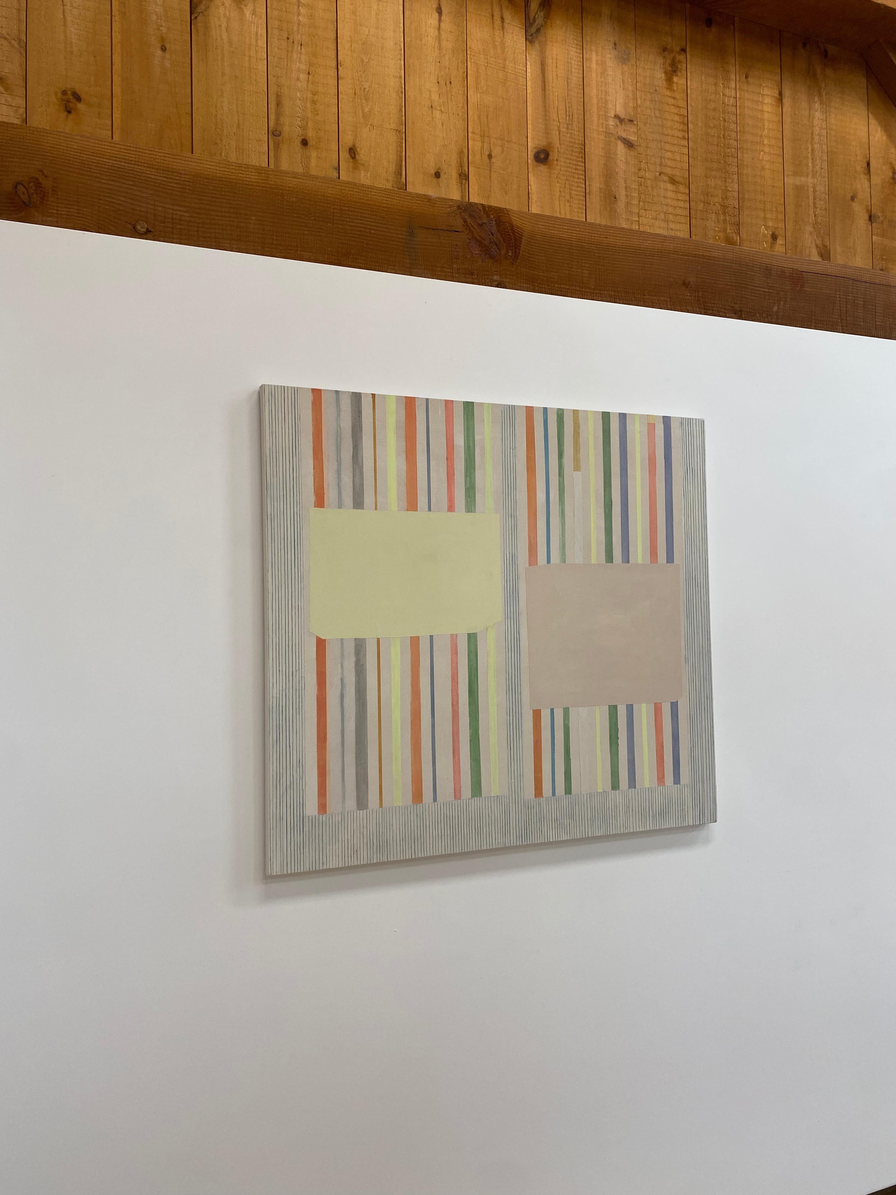 Limegreyrose, Beige, Orange, Green, Lemon Yellow, Gray Stripes, Geometric - Contemporary Painting by Elizabeth Gourlay