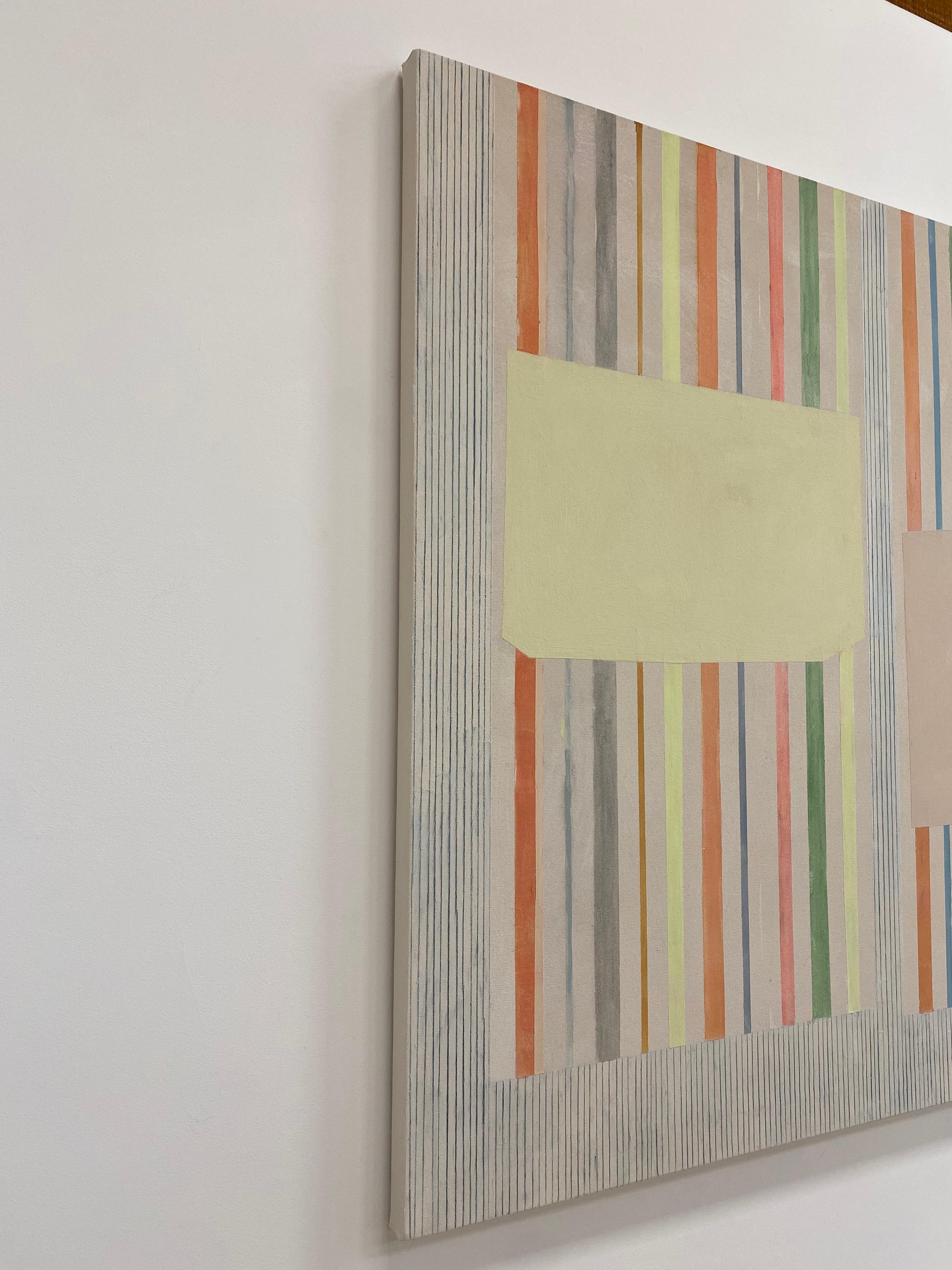 Clean and precise, carefully ordered stripes and blocks of color in orange, green, pale lemon yellow, gray, blue and brown are lively and vibrant against the soft beige background. Signed, dated and titled on verso.

Elizabeth Gourlay’s work is a