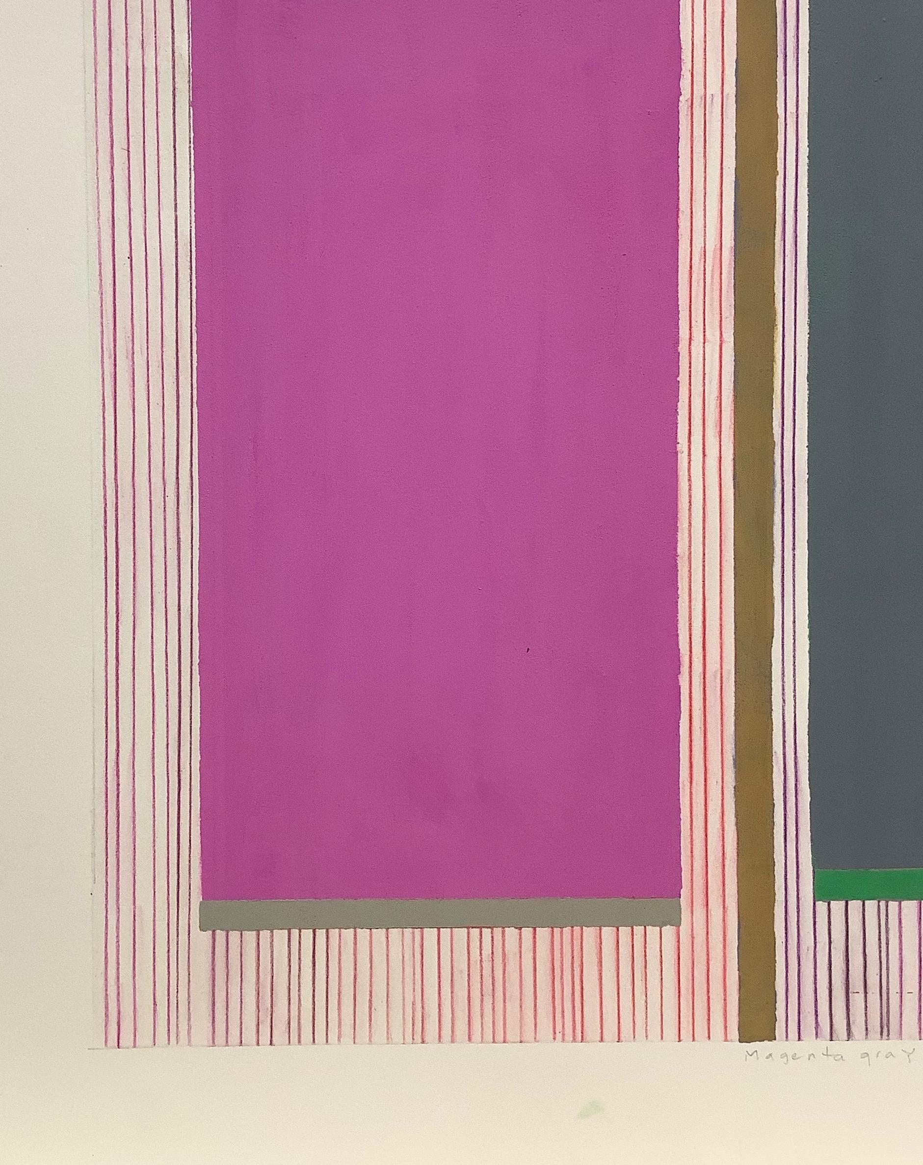In this abstract painting in colored pencil and gouache on paper by Elizabeth Gourlay, clean and precise, carefully ordered blocks of color in pink and gray are rich against the pale beige color of the paper. A golden brown stripe in the center