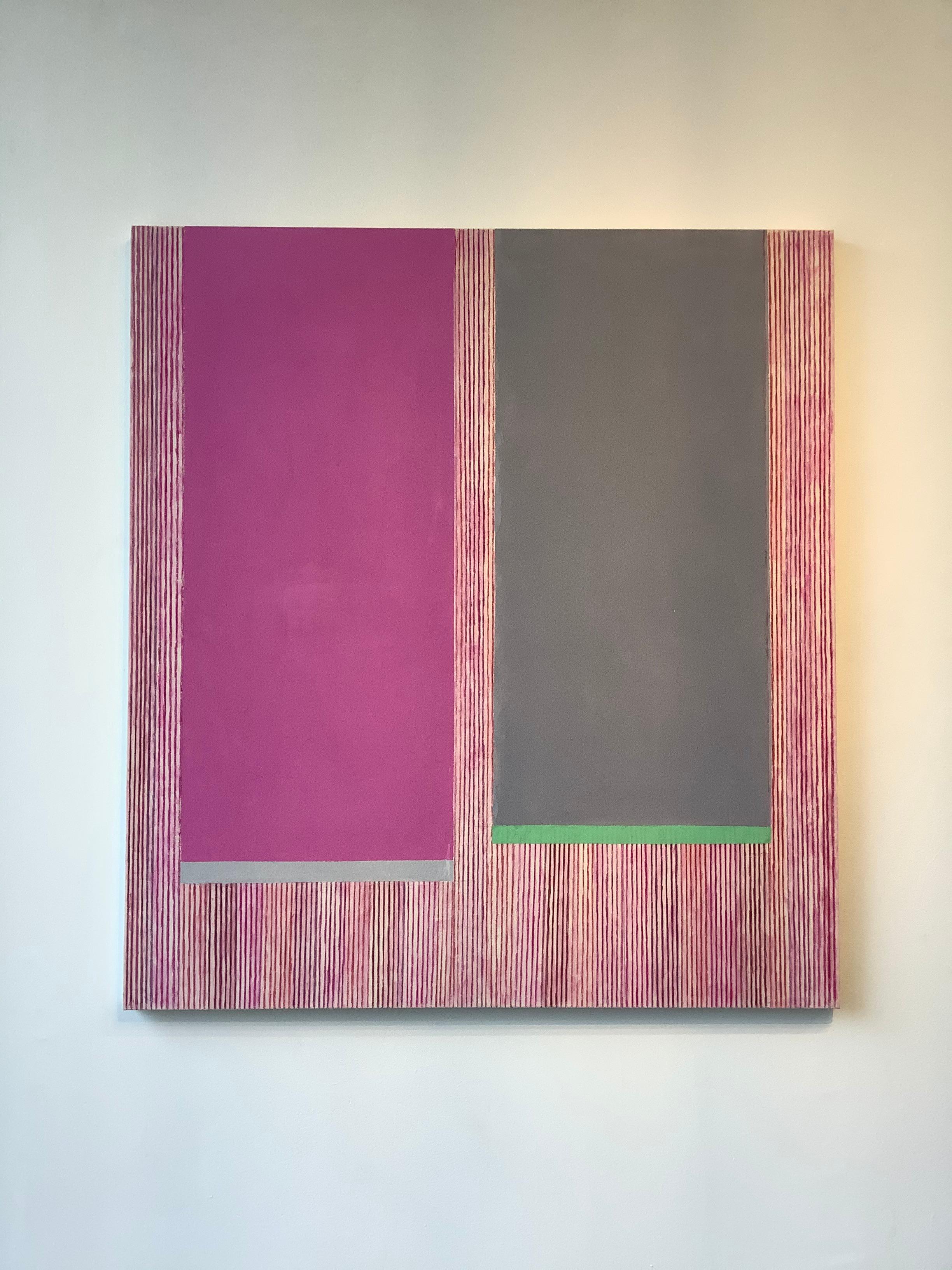 Geometrisches abstraktes Gemälde in Magentagrau B, Rosa, Grau, Grün, Rot gestreift – Painting von Elizabeth Gourlay