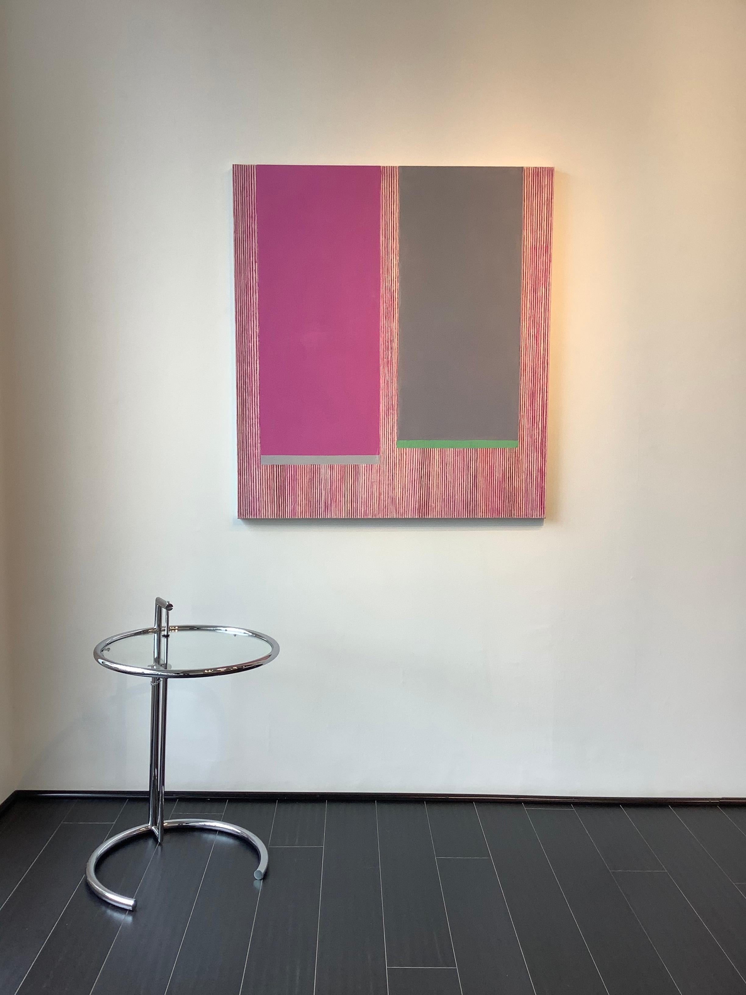 In this painting by Elizabeth Gourlay, clean and precise, carefully ordered stripes and blocks of color in pink, gray, magenta, red, beige and green are lively and vibrant. Signed, dated and titled on verso.

Elizabeth Gourlay’s work is a meditation