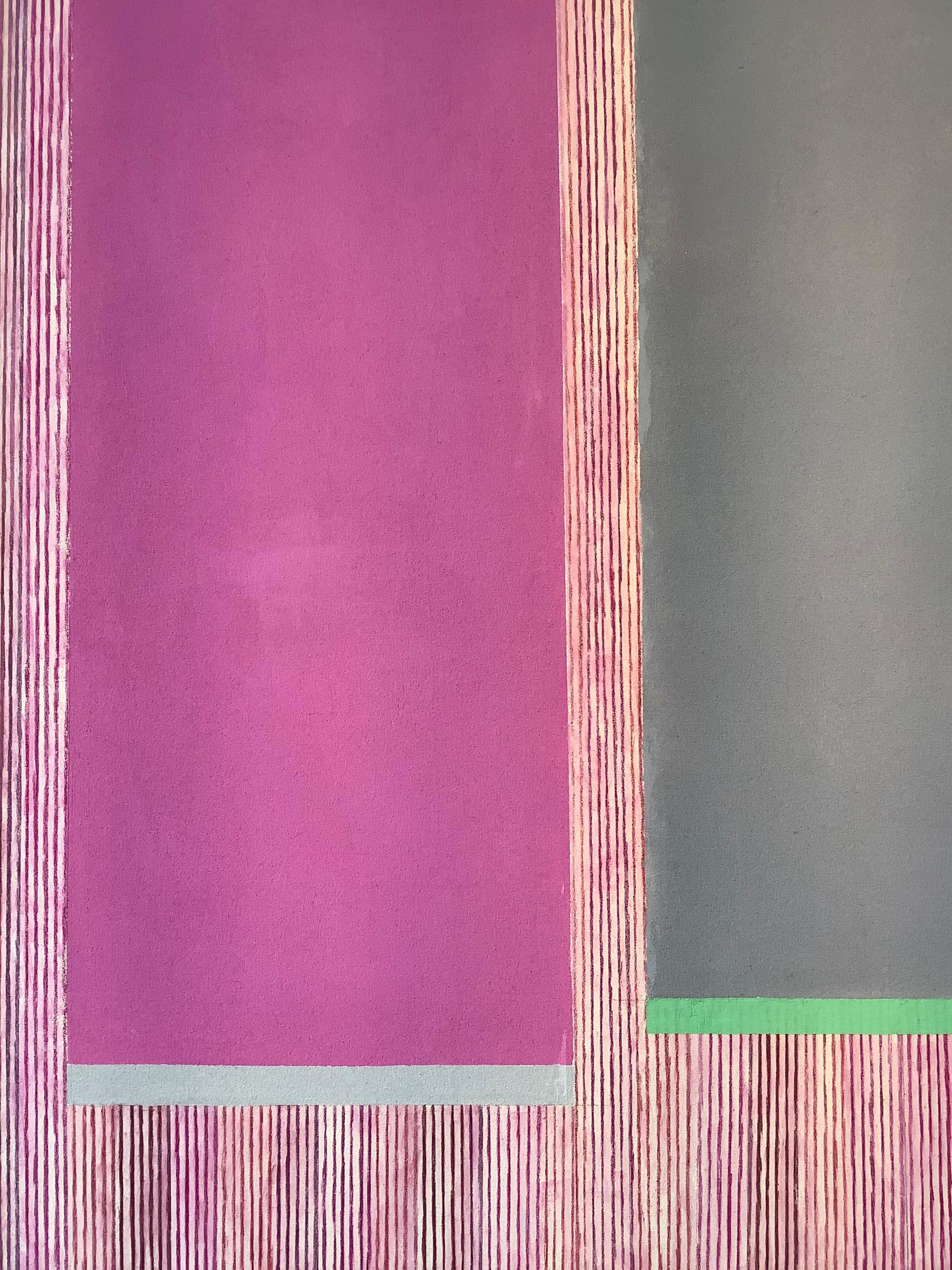Geometrisches abstraktes Gemälde in Magentagrau B, Rosa, Grau, Grün, Rot gestreift 1