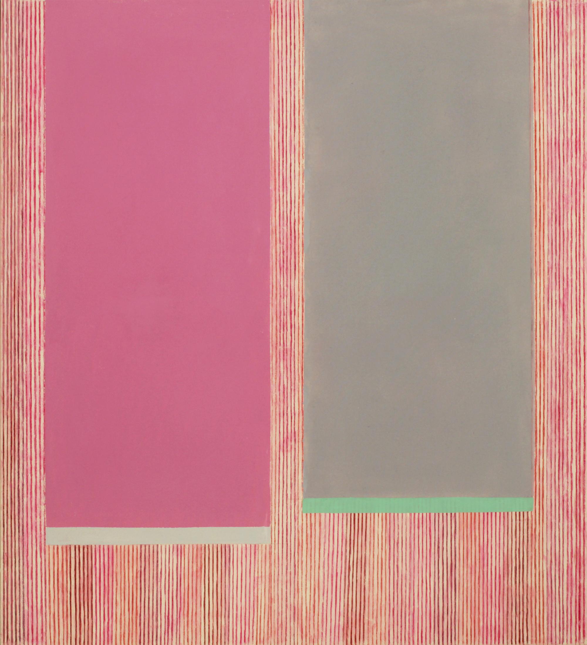 Elizabeth Gourlay Abstract Painting – Geometrisches abstraktes Gemälde in Magentagrau B, Rosa, Grau, Grün, Rot gestreift