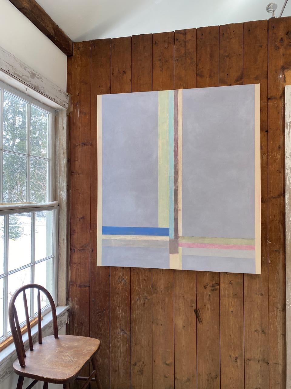 No 89 - Pittura astratta contemporanea Blu, verde menta, grigio, strisce, 2024 - Painting Contemporaneo di Elizabeth Gourlay