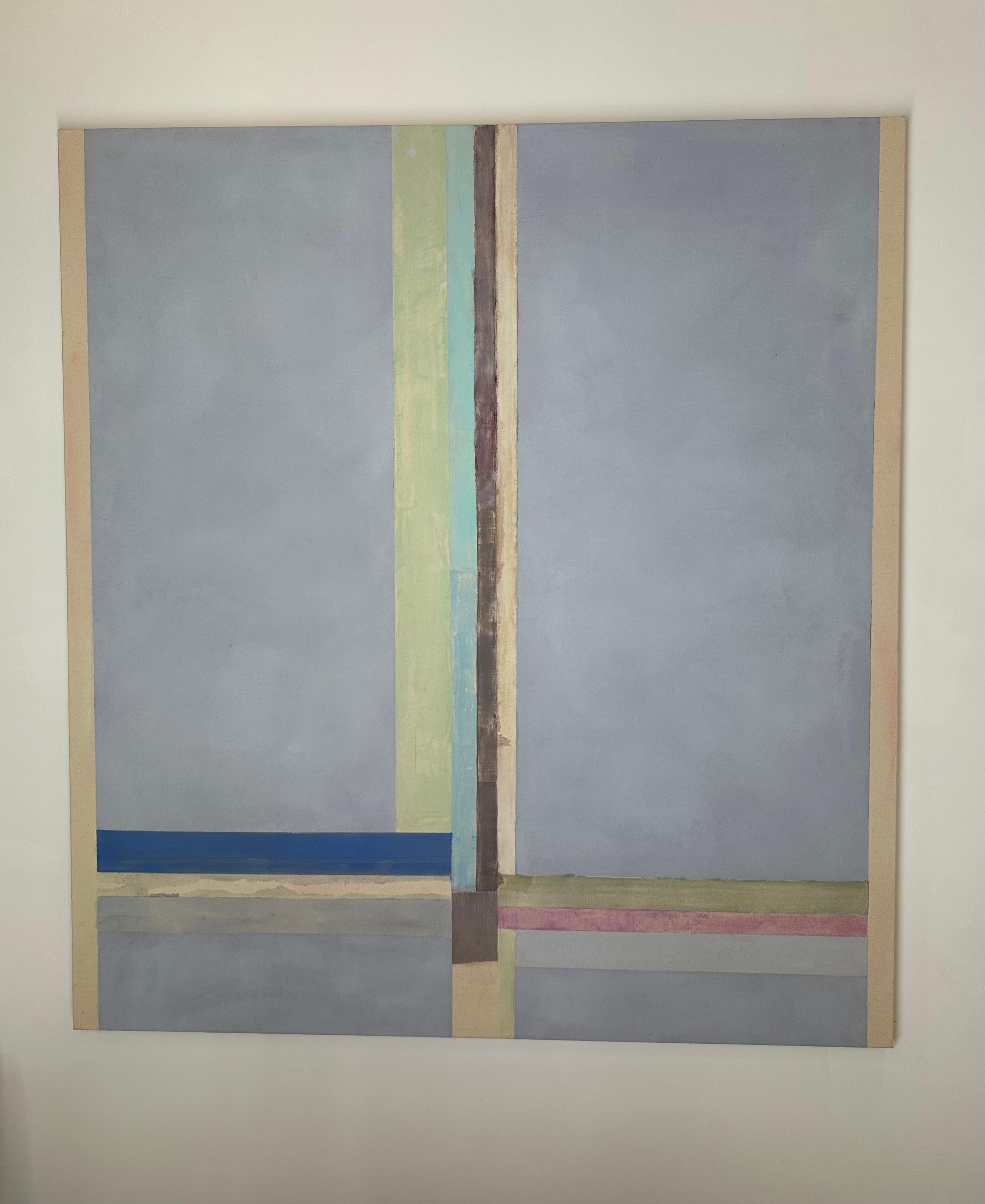 No 89 - Pittura astratta contemporanea Blu, verde menta, grigio, strisce, 2024 - Abstract Painting Beige di Elizabeth Gourlay