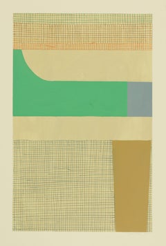Ochregreen, Abstract Painting on Paper in Green, Brown, Orange, and Blue Gray 