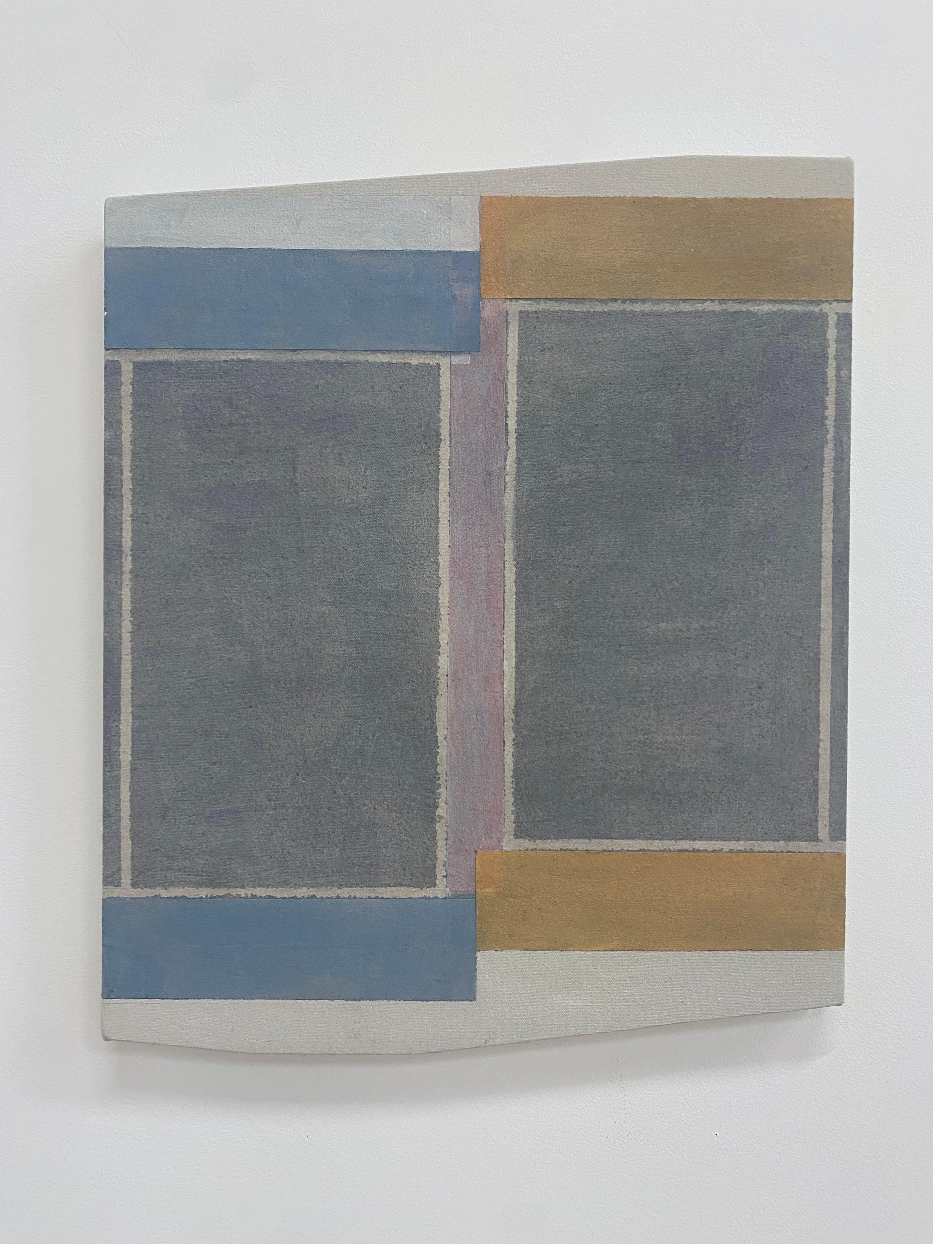 Carefully ordered horizontal blocks of color in yellow ochre, light lilac and light blue frame sections of gray with light lilac in the center in this painting on an asymmetrical shaped panel. Signed, dated and titled on verso.

Elizabeth Gourlay’s