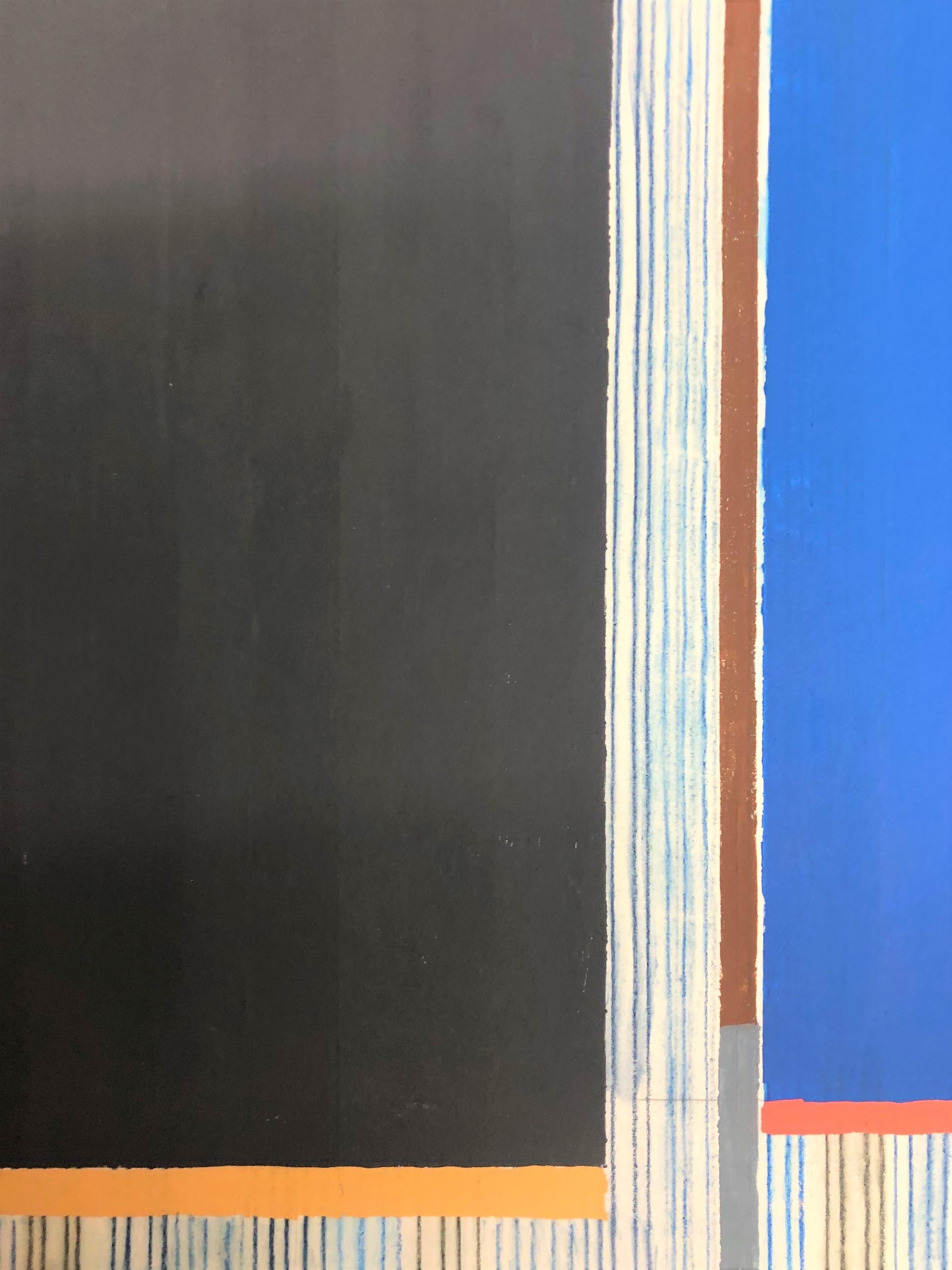 In this abstract painting in gouache, colored pencil, and graphite on paper by Elizabeth Gourlay, clean and precise, carefully ordered blocks of color in shades of blue, gray, blue, red, and gold are bright against the pale beige color of the paper.