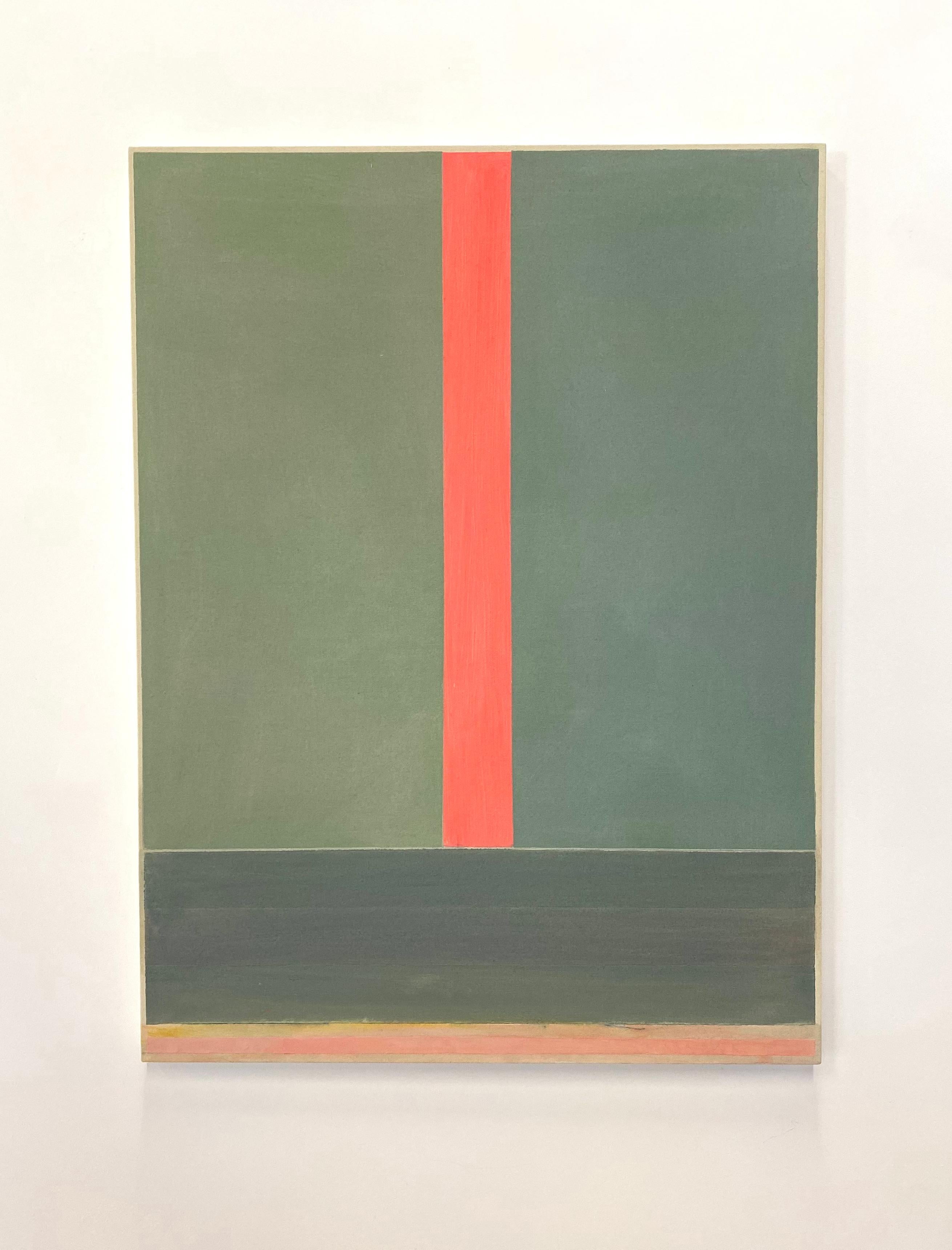 PG 17, Rosso corallo a righe, Verde chiaro, Sage scuro Geometrico astratto - Painting di Elizabeth Gourlay