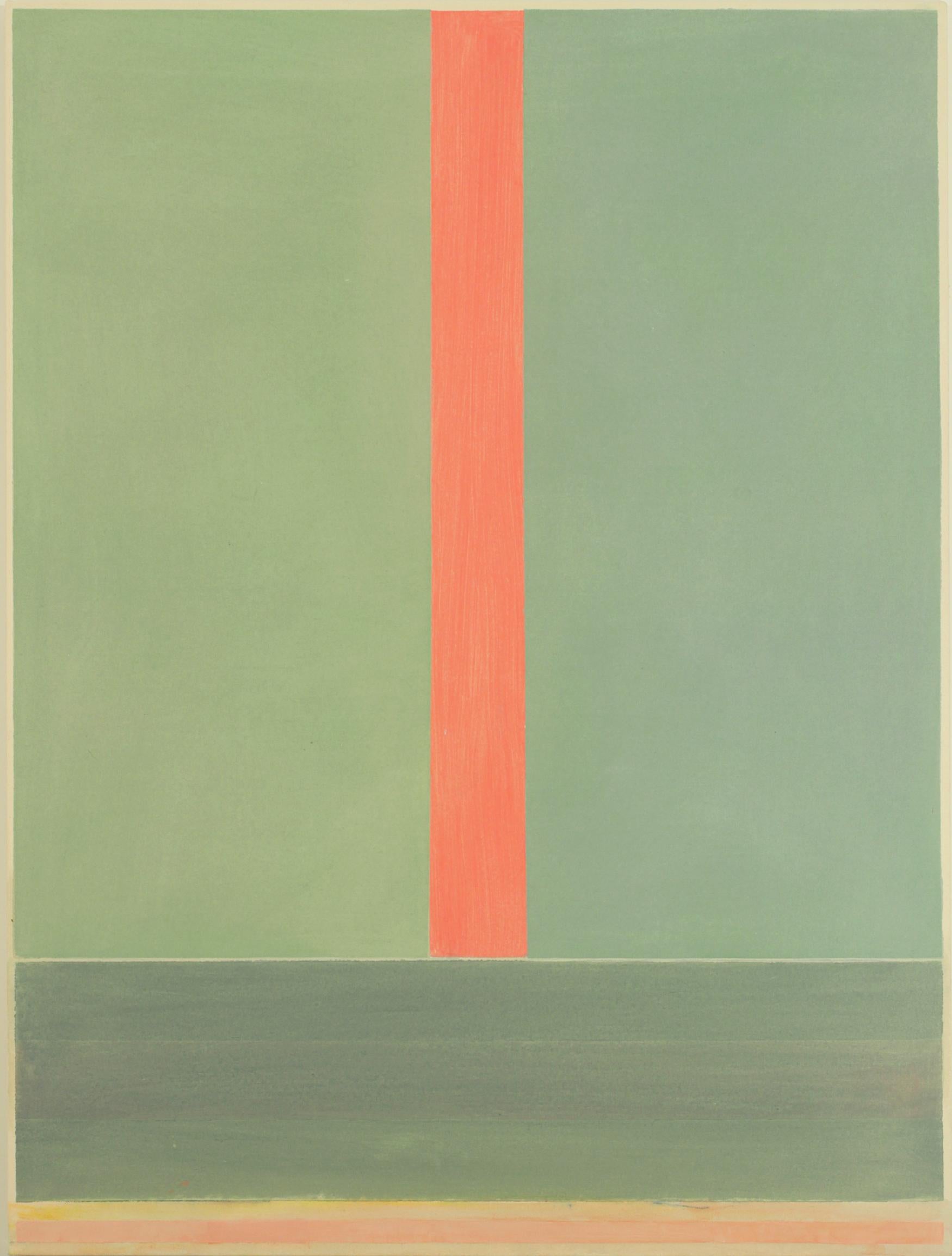Abstract Painting di Elizabeth Gourlay - PG 17, Rosso corallo a righe, Verde chiaro, Sage scuro Geometrico astratto